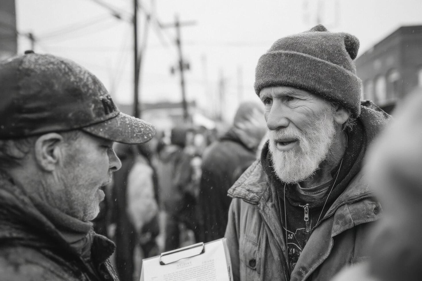 A man with a beard and hat talking to another man photo
