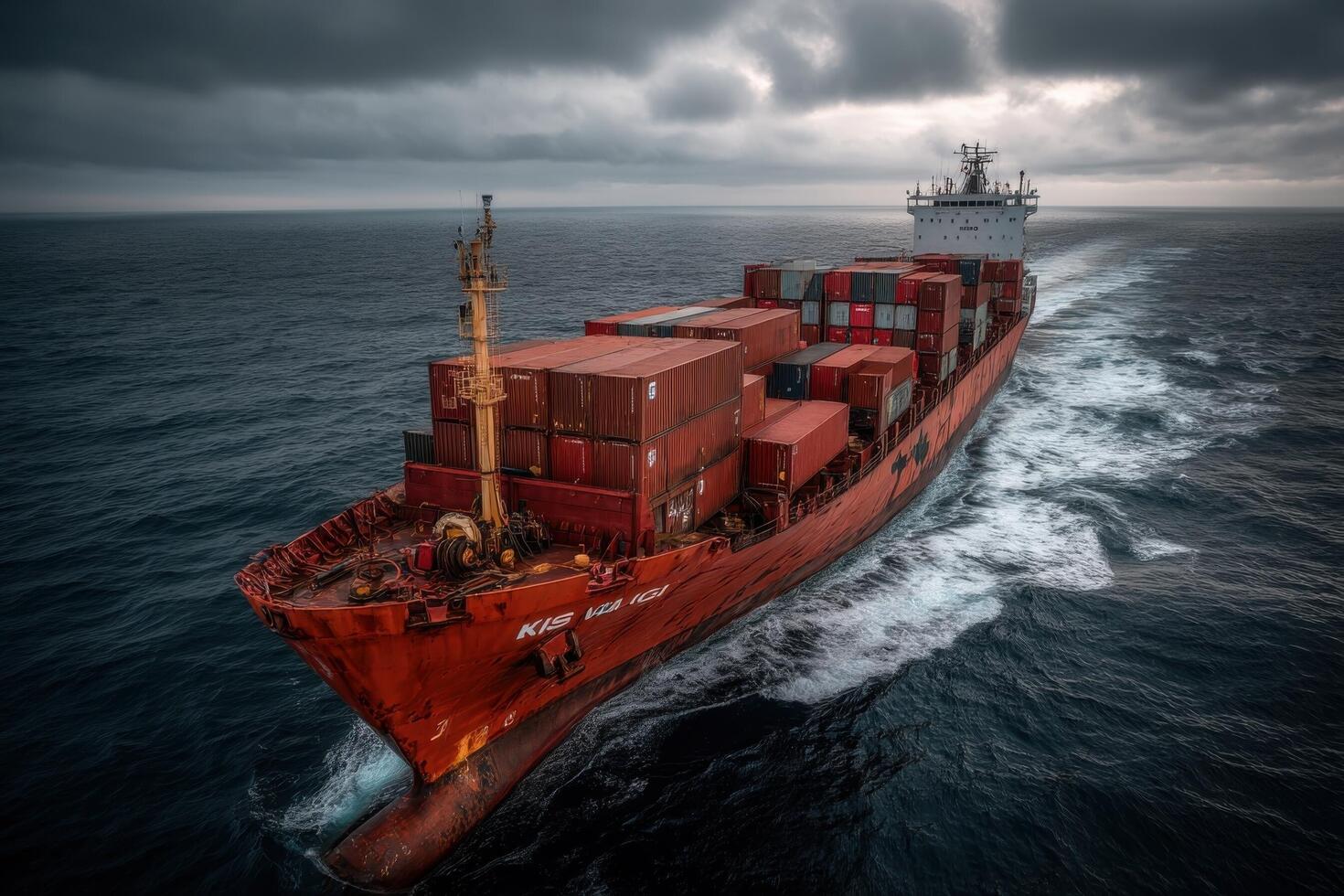 A large red cargo ship sailing in the ocean photo