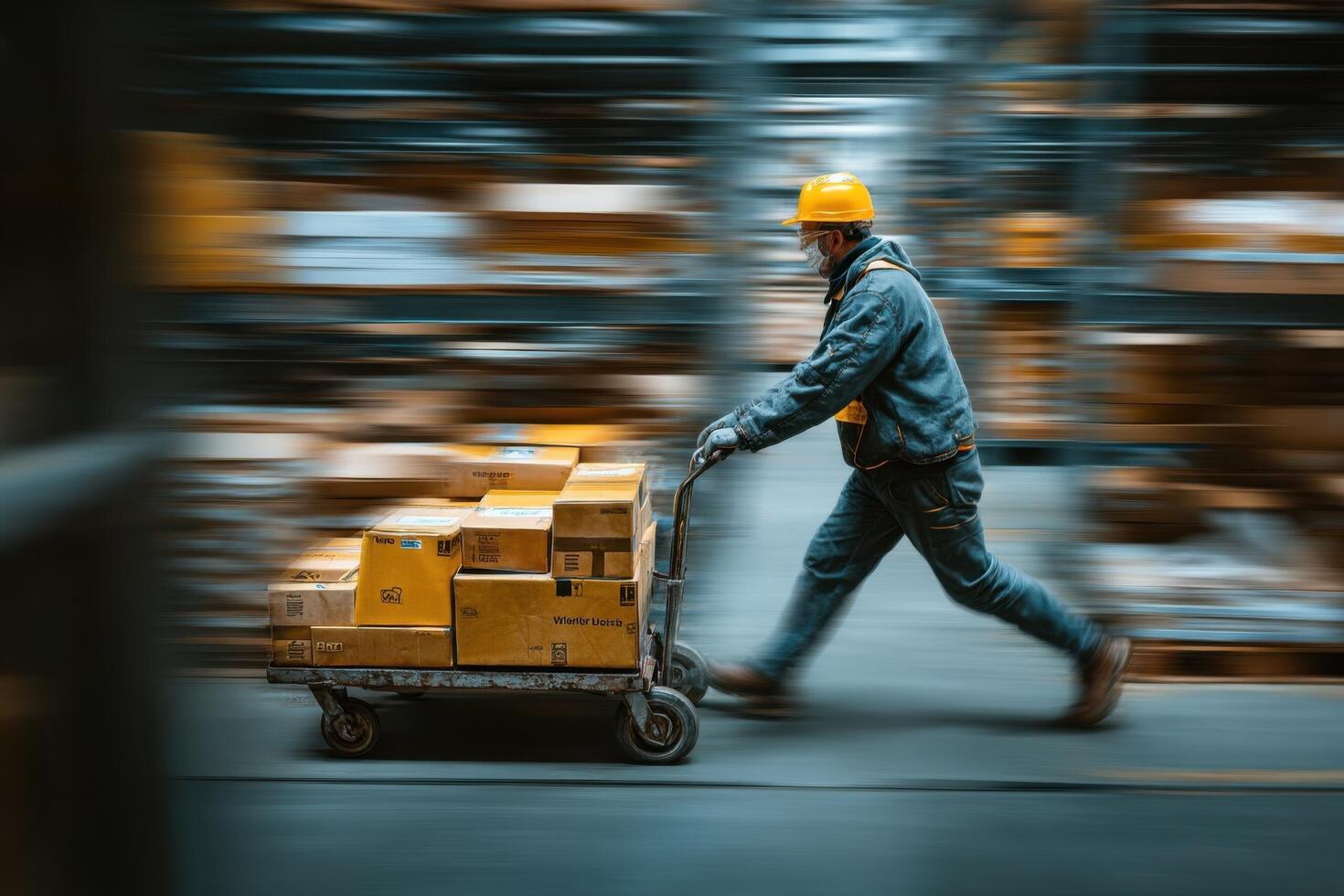 A man in a hard hat is pushing a cart with boxes photo