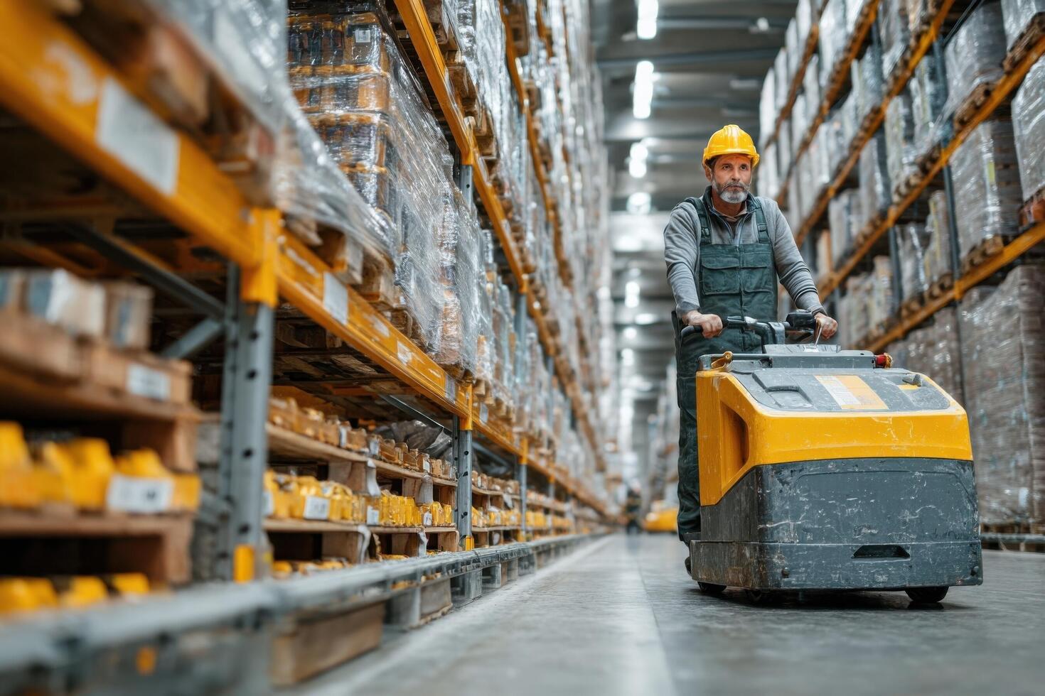 A worker is moving a cart in a warehouse photo