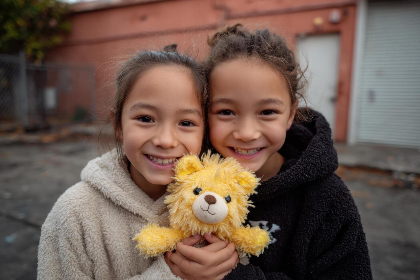 Two girls holding a teddy bear photo