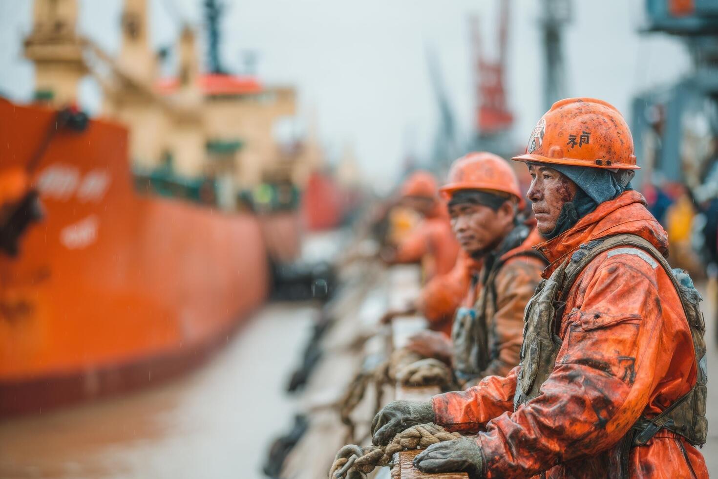 Chinese workers in orange hard hats on a dock photo