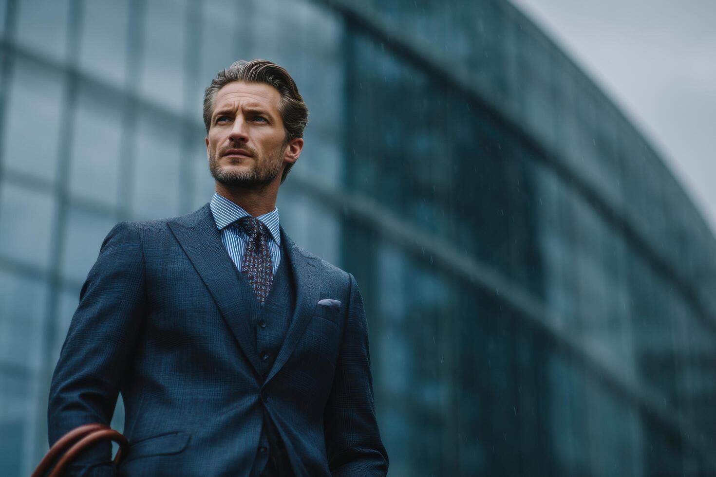 A man in a suit stands outside of a building photo