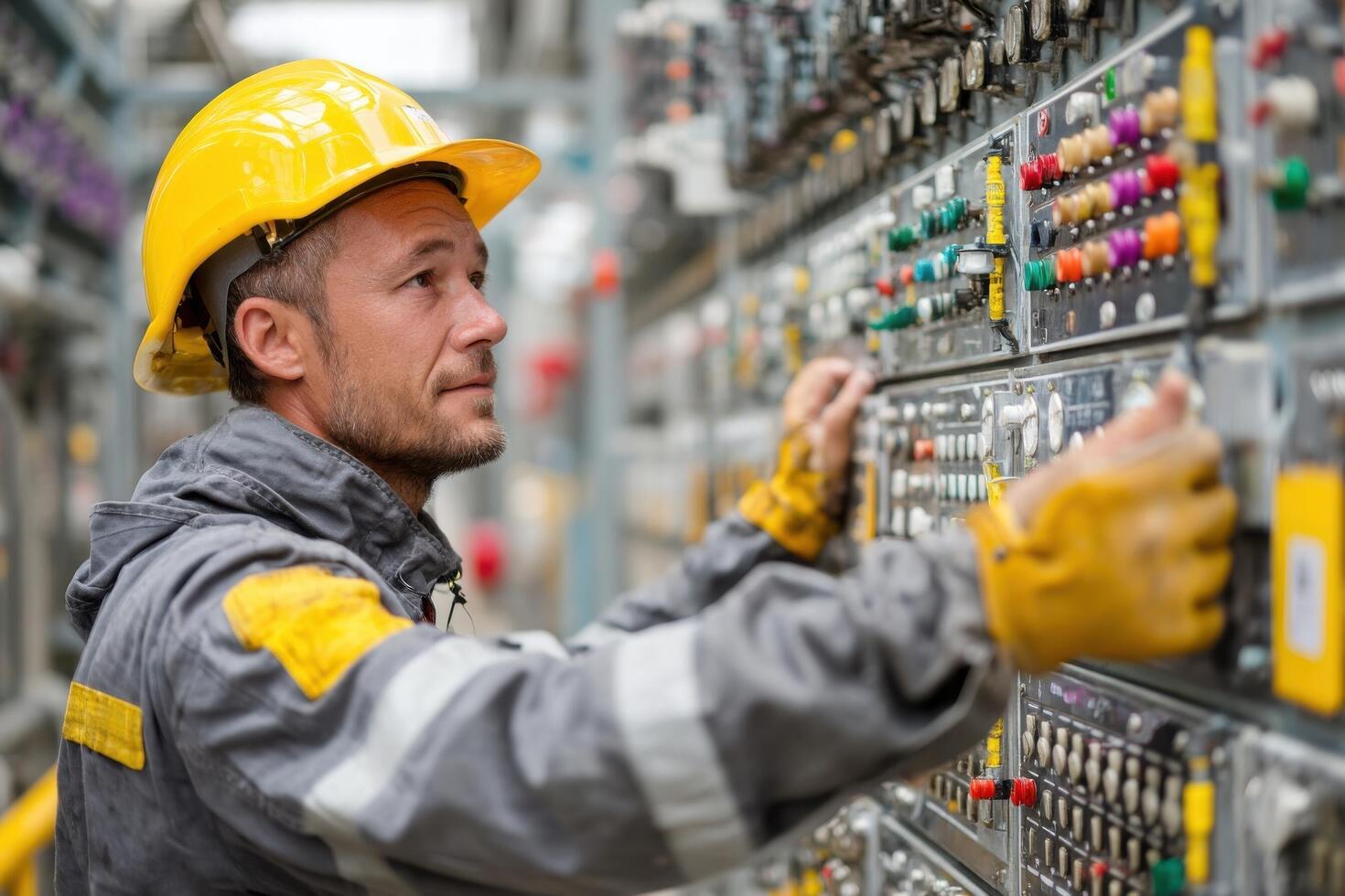 A man in a hard hat and yellow gloves working on a panel photo
