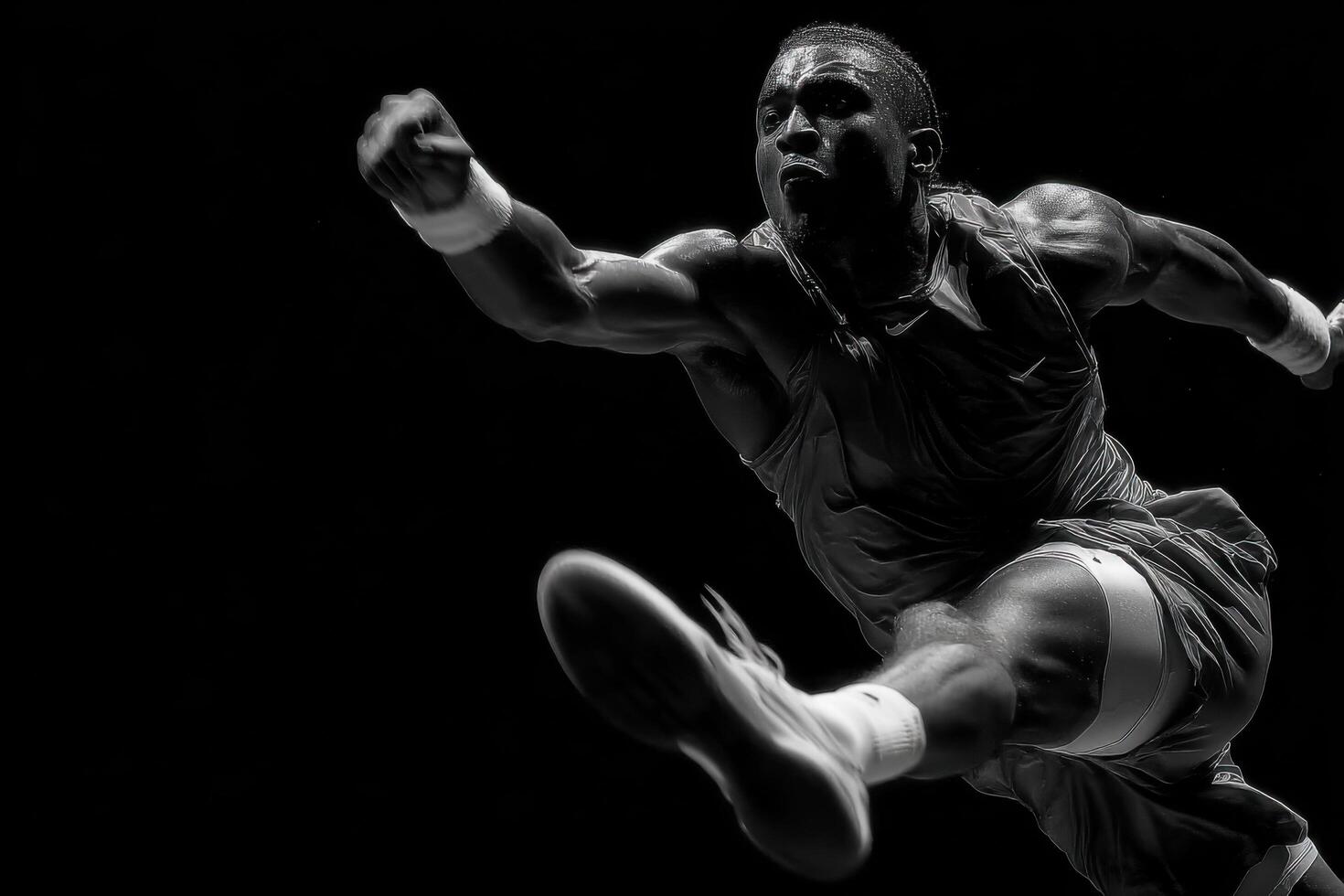 A man in a black and white photo is jumping