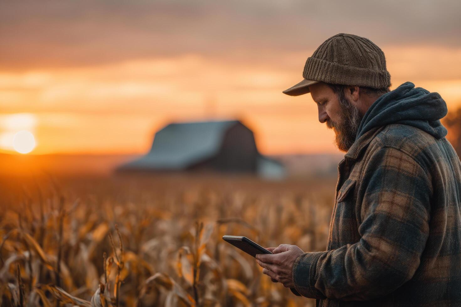 Man in field using tablet at sunset photo