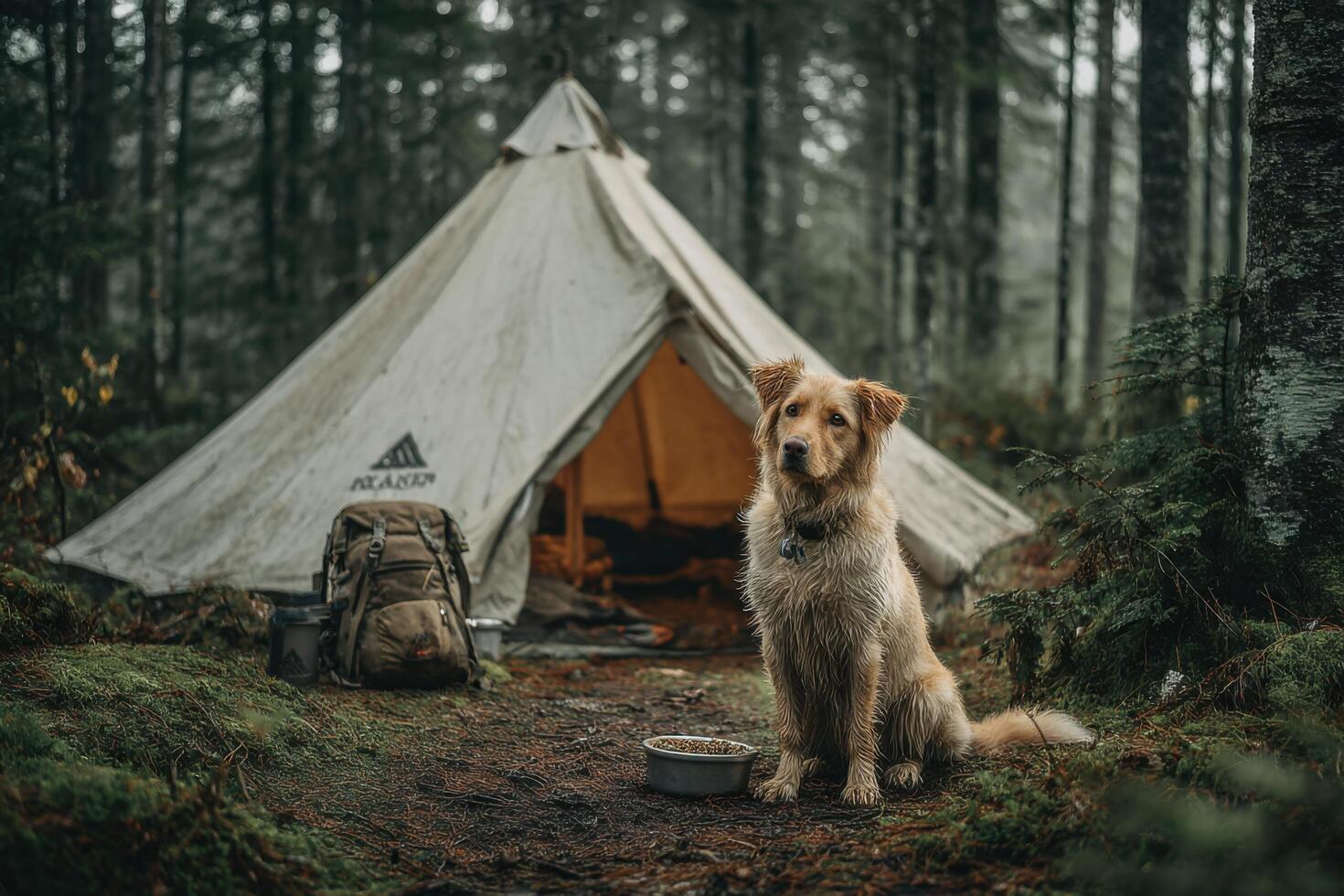 A dog sits in front of a tent in the woods photo