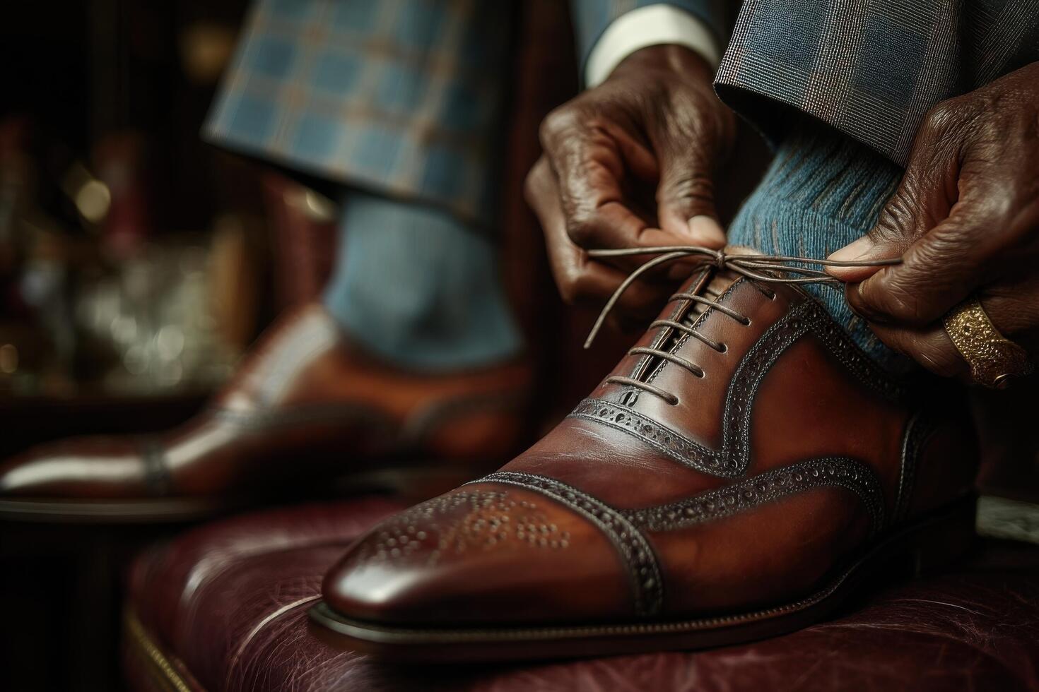A man tying his shoes with a tie photo