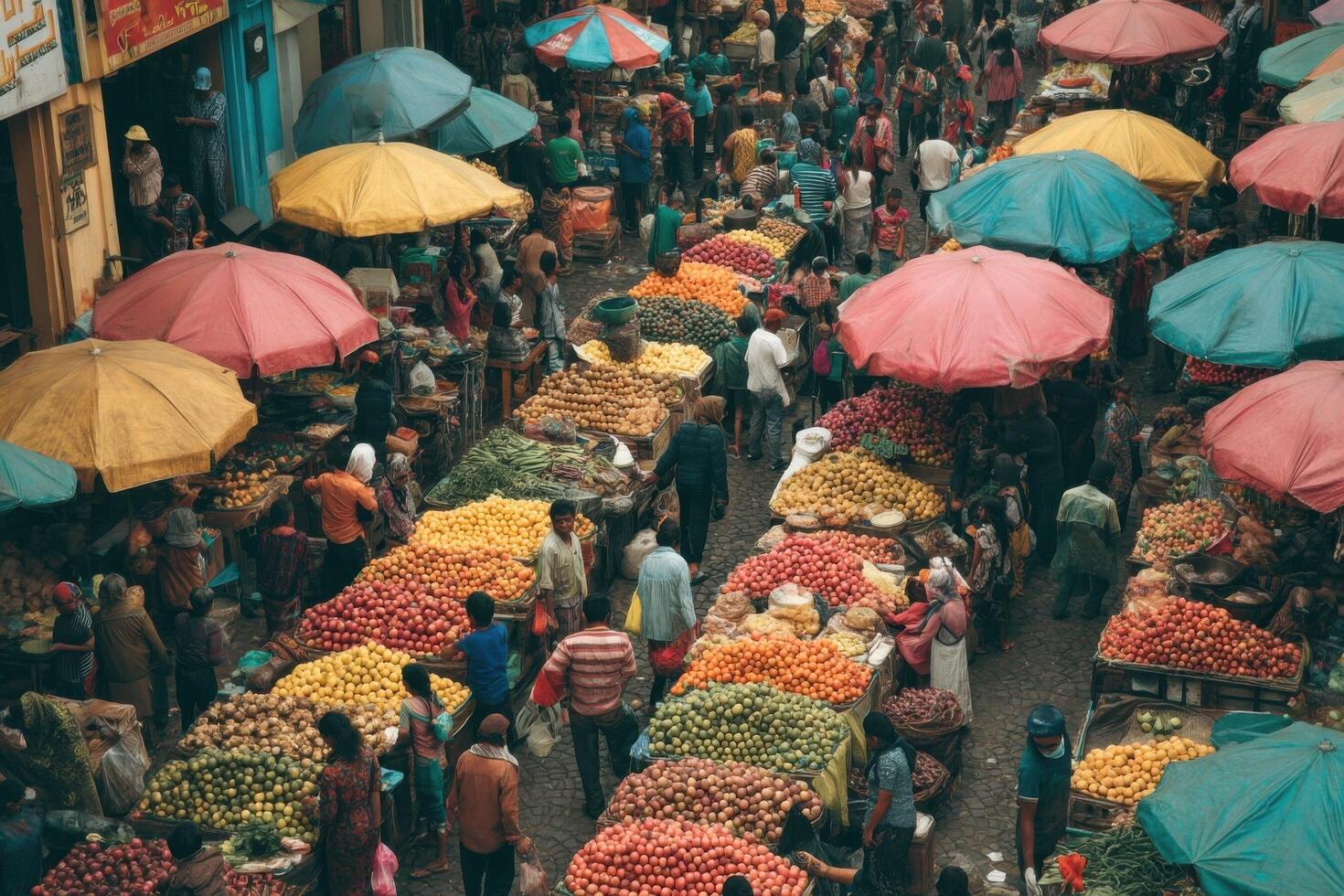A crowded market with colorful umbrellas and fruit photo