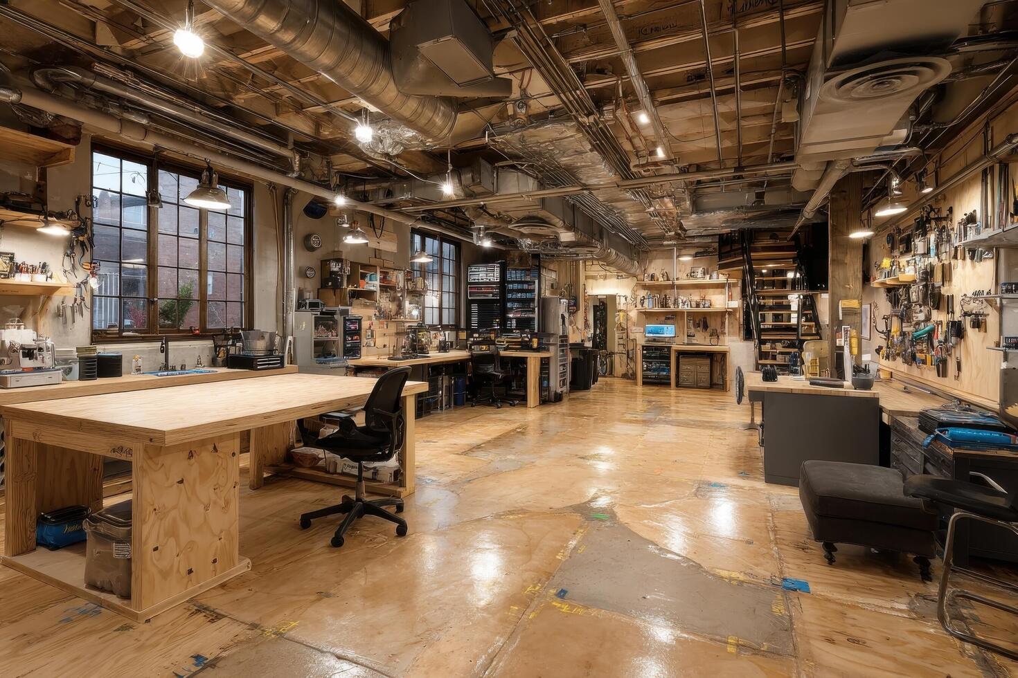 A workshop with lots of tools and workbenches photo