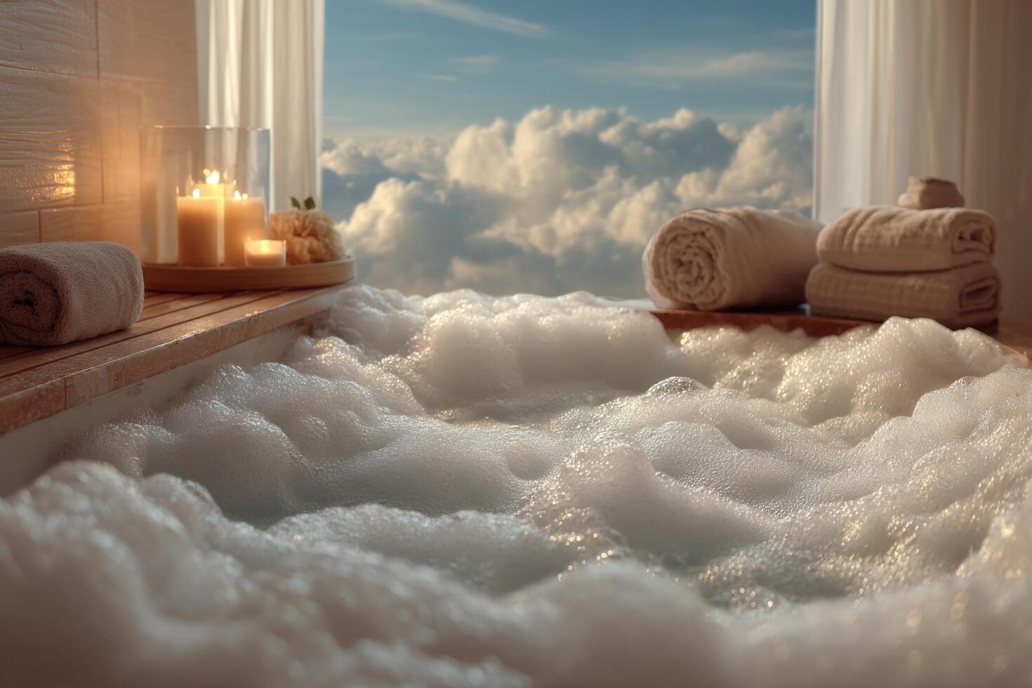 A bathtub with a candle and a towel on the floor photo