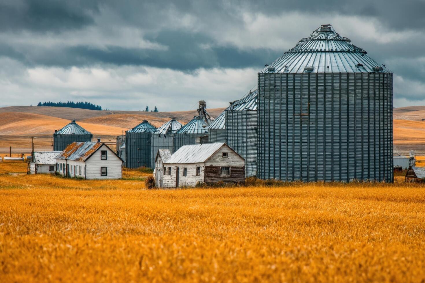 A farm with grain silos and a barn on a cloudy day photo