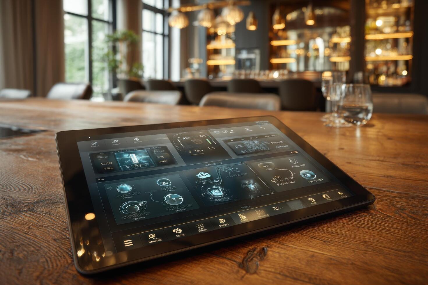 Tablet computer on a wooden table in a restaurant photo