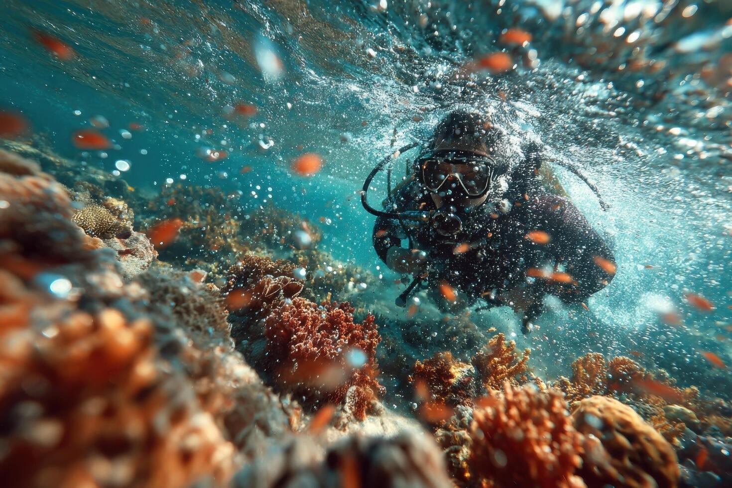 A scuba diver swimming through the water photo