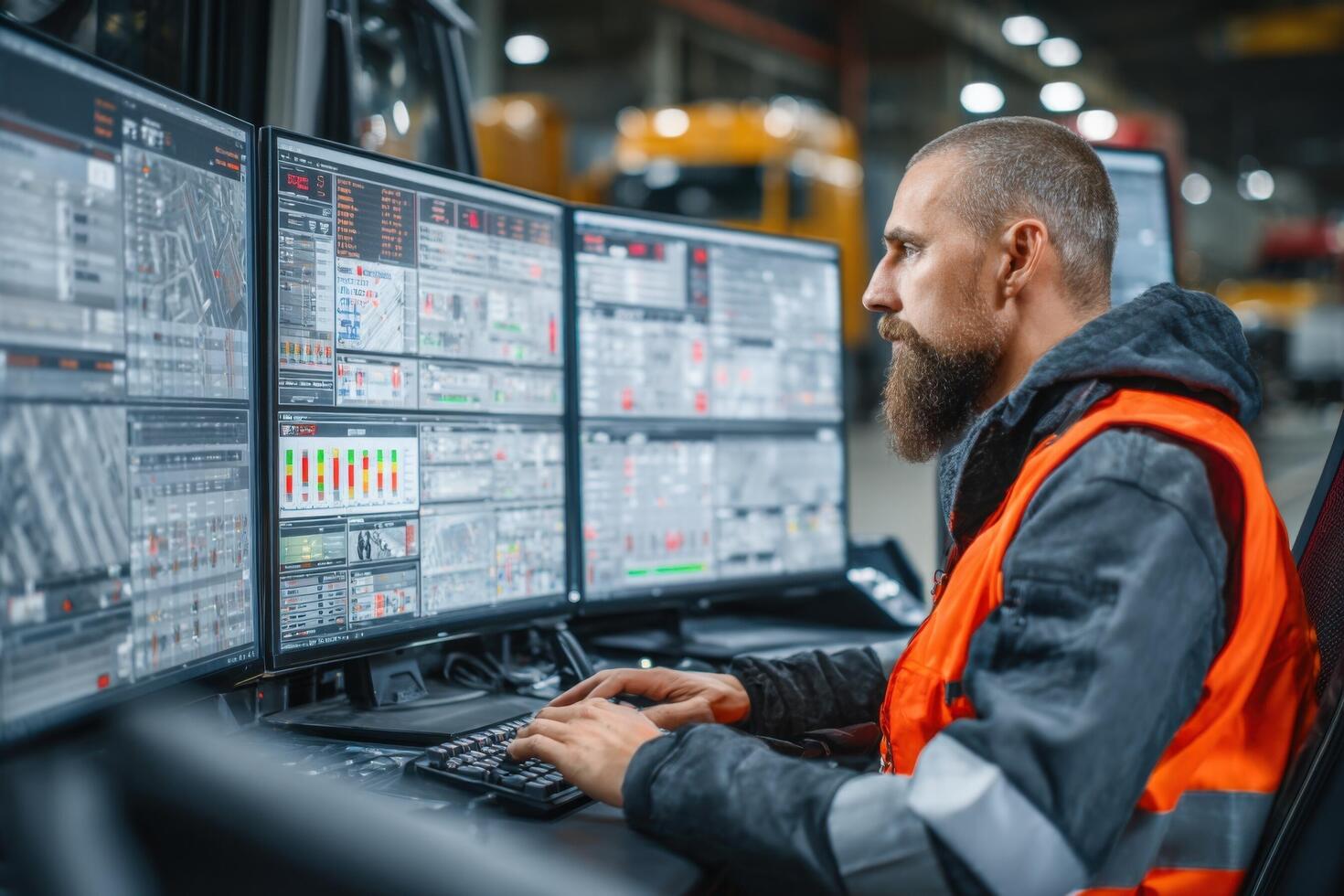 A man in an orange vest is working on multiple computer screens photo