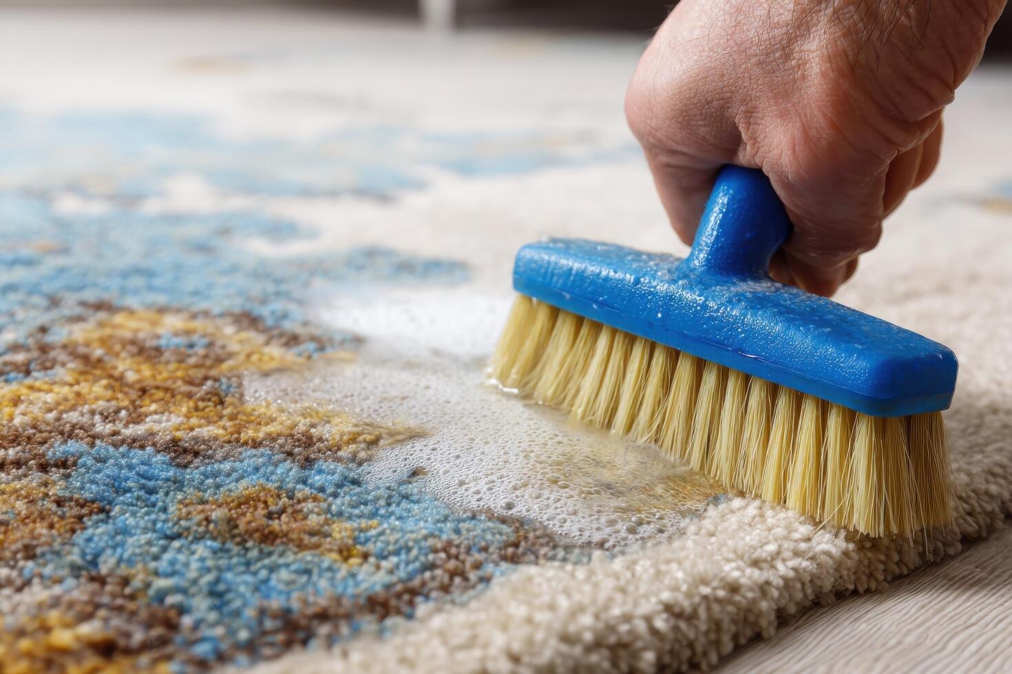 A person cleaning a carpet with a brush photo