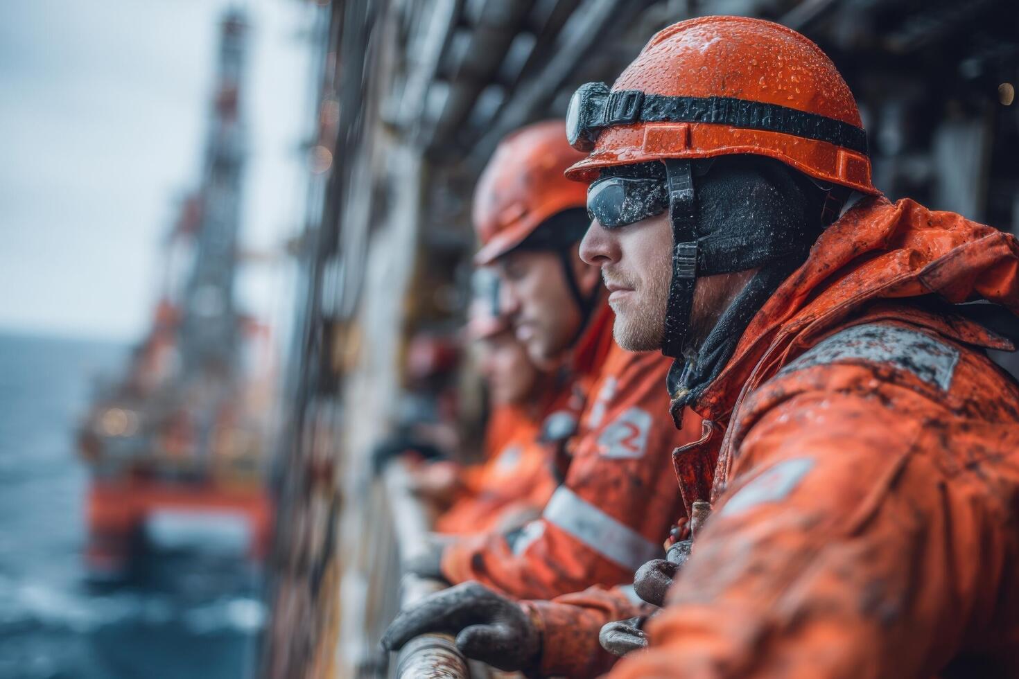 A group of men in orange hard hats on an oil rig photo
