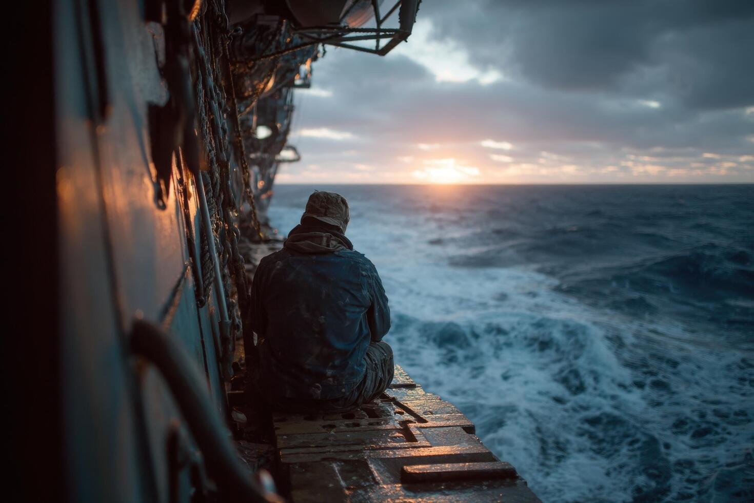 A man sitting on the deck of a ship watching the sun set photo