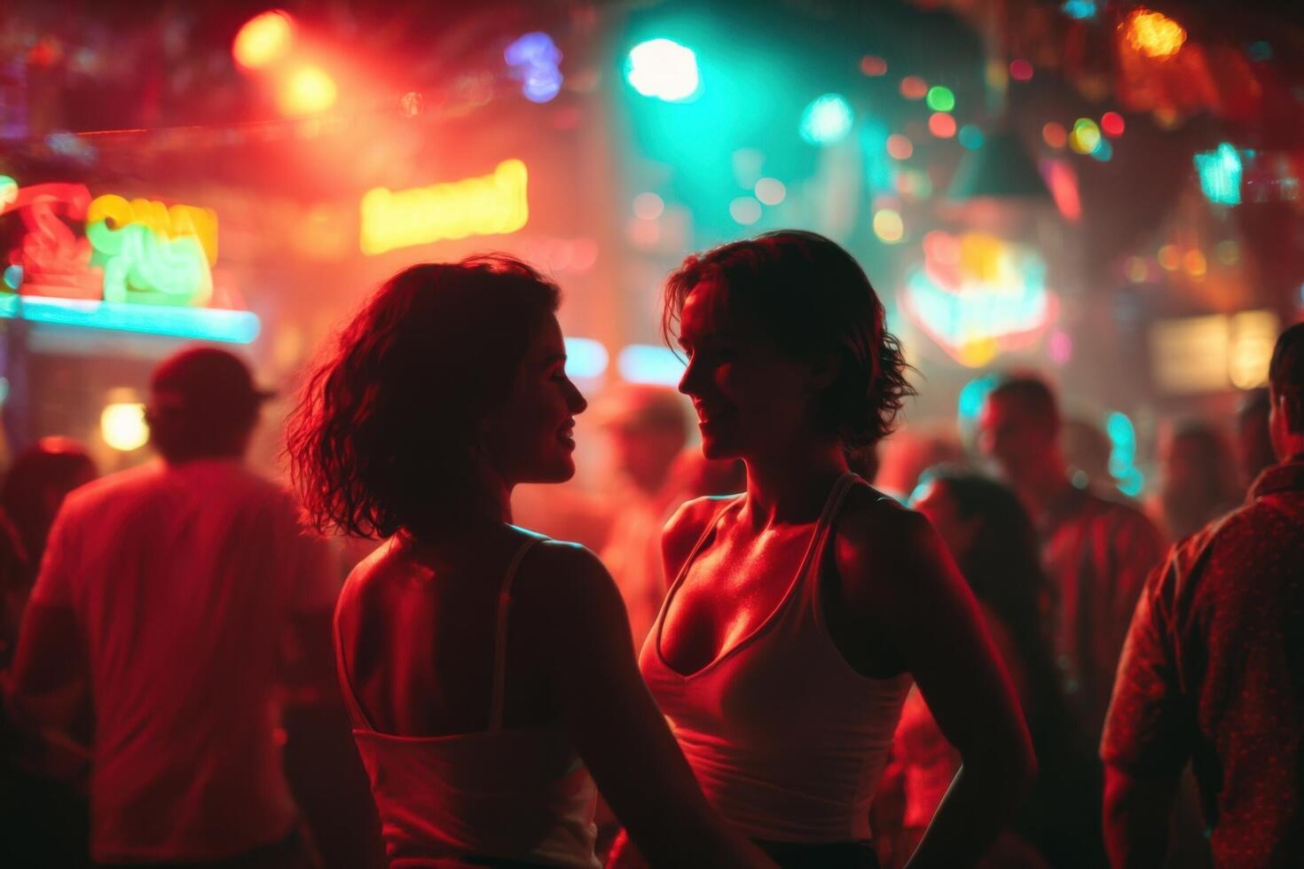 Two women standing in a nightclub with neon lights photo