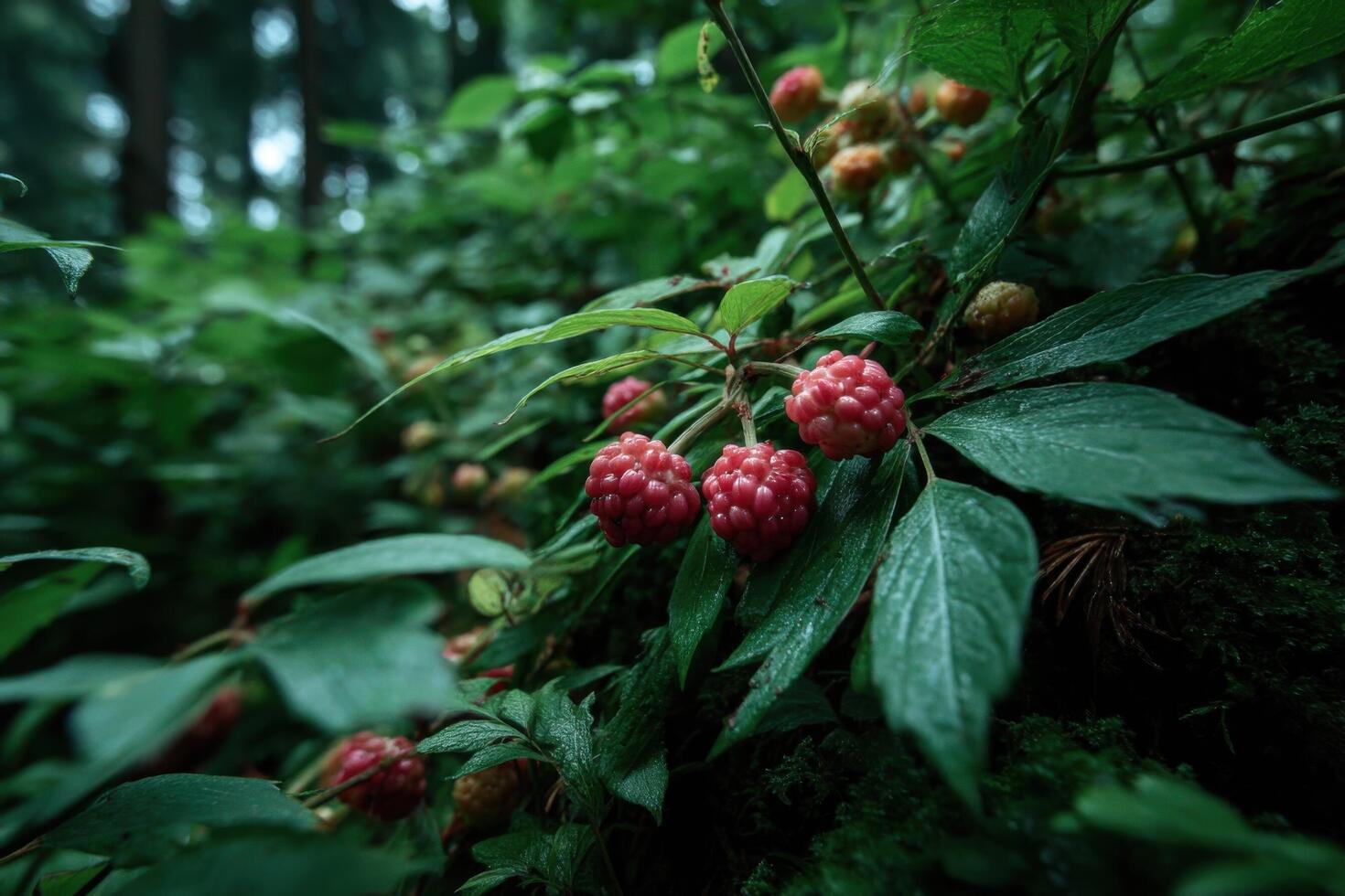 Raspberries growing on the forest floor photo