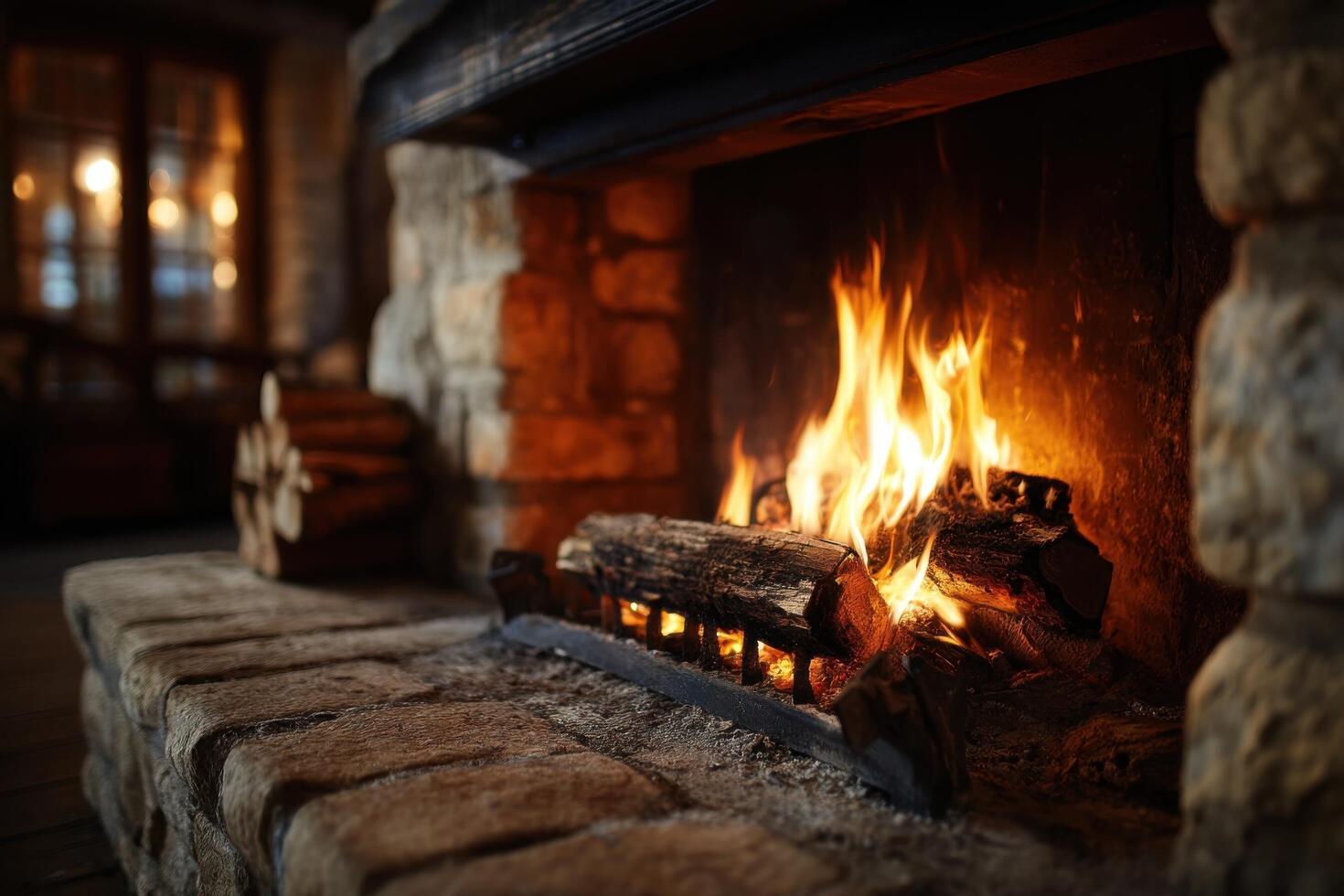 A fireplace with logs burning in it photo