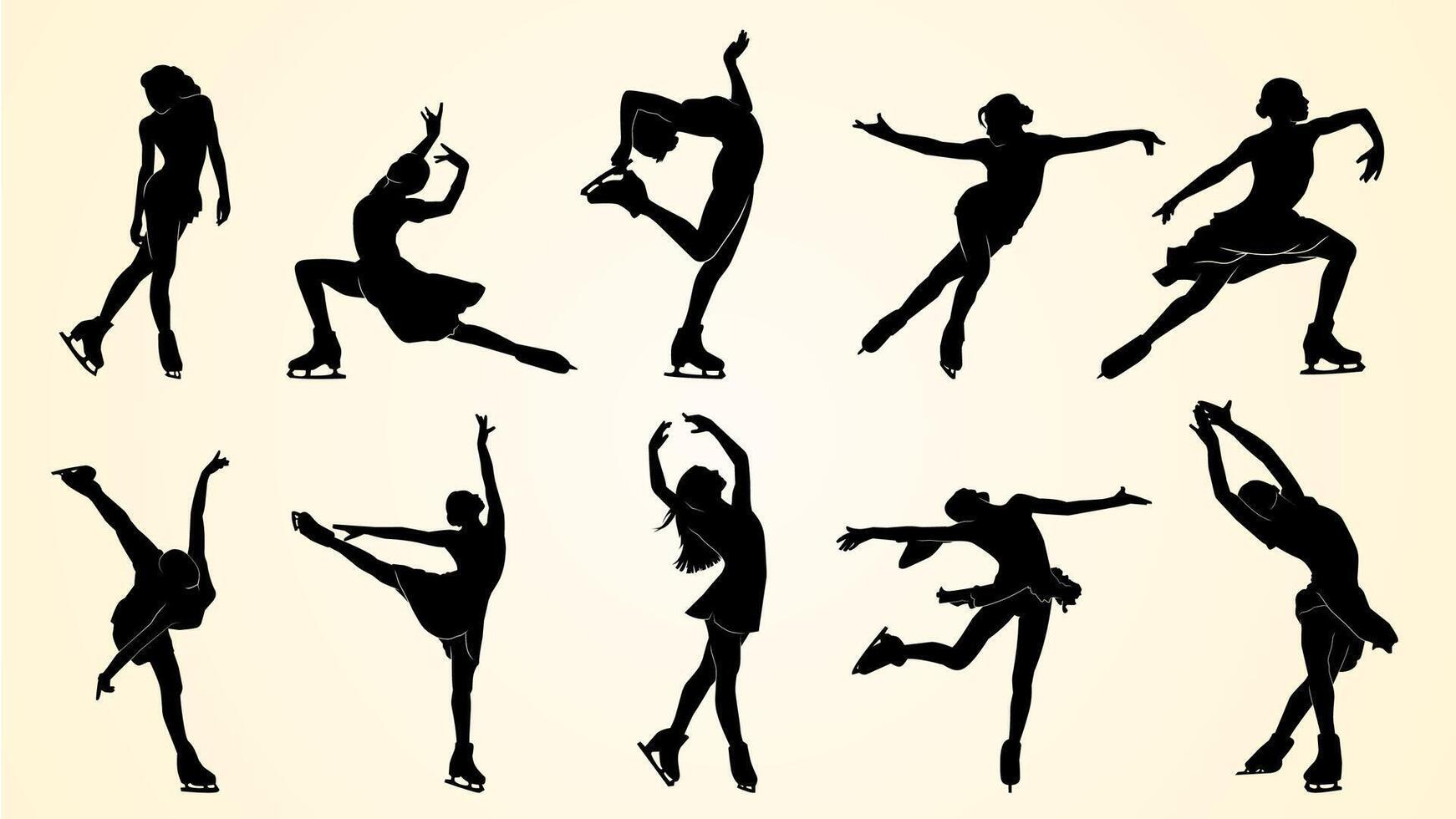 Silhouettes of female figure skaters performing various elegant poses and moves on ice, showcasing balance, flexibility, and artistry in motion. vector