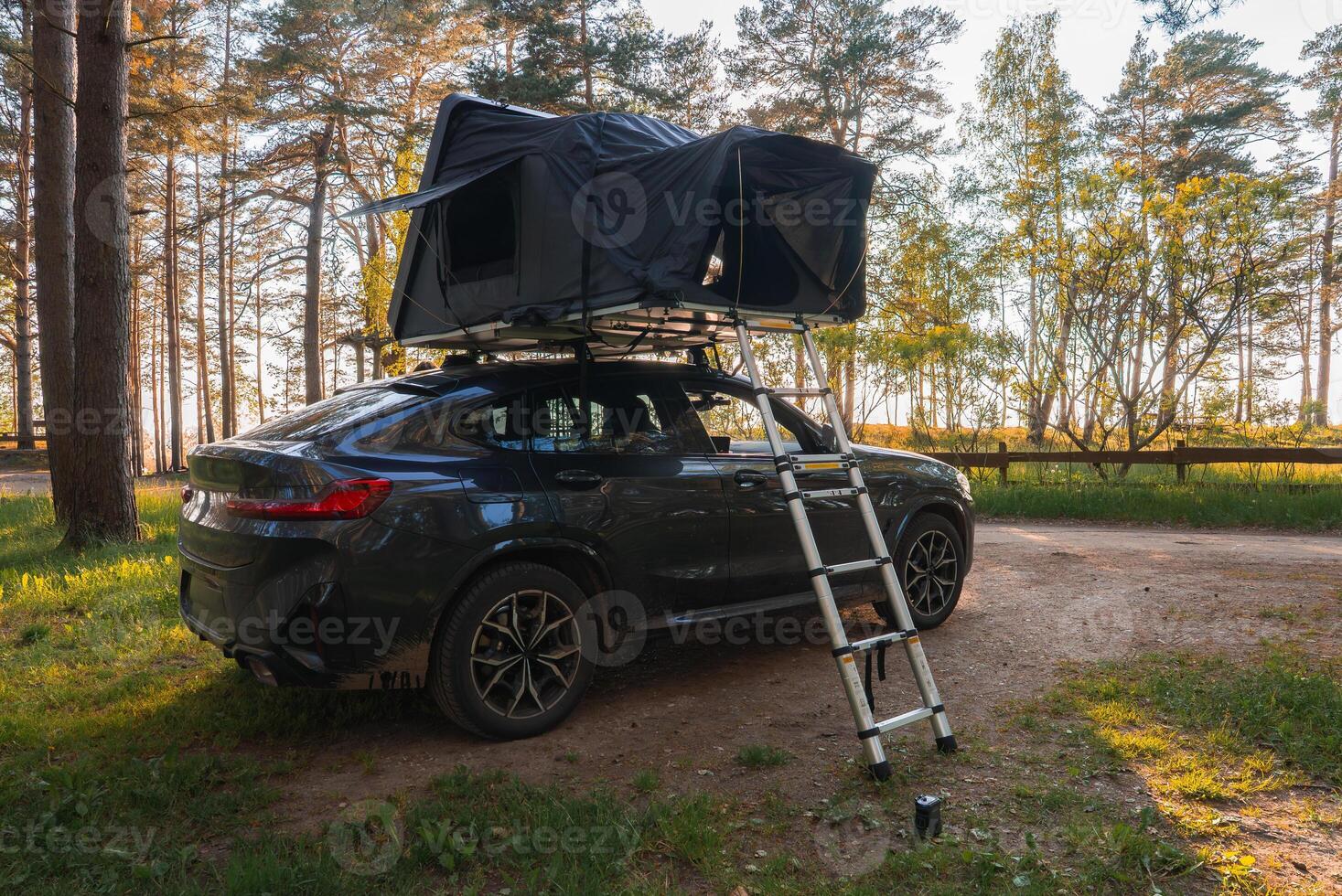 A modern SUV with a foldable rooftop tent set up in a forest clearing. A ladder extends to the ground, surrounded by tall trees and sunlight. photo