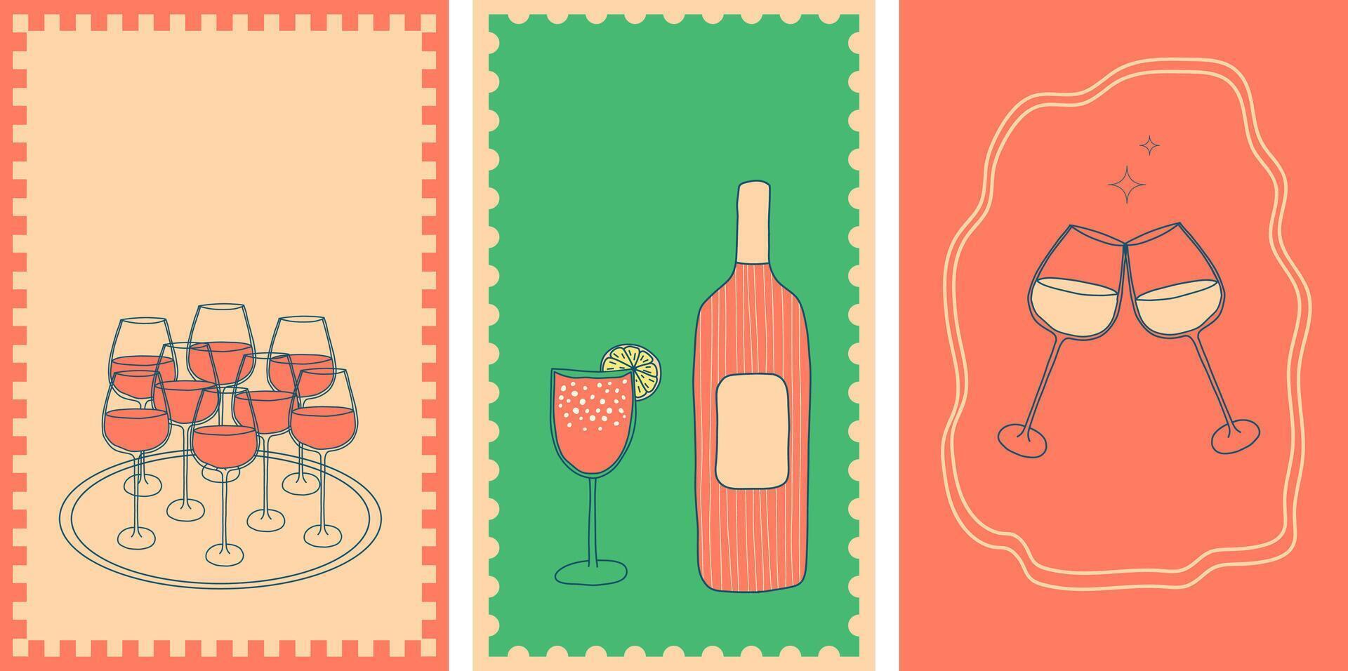 Hand drawn wine posters set. Cocktail, alcohol beverage. Wine tasting concept. Collection of wine design elements for restaurant menu, invitation for an event, festival, party. vector