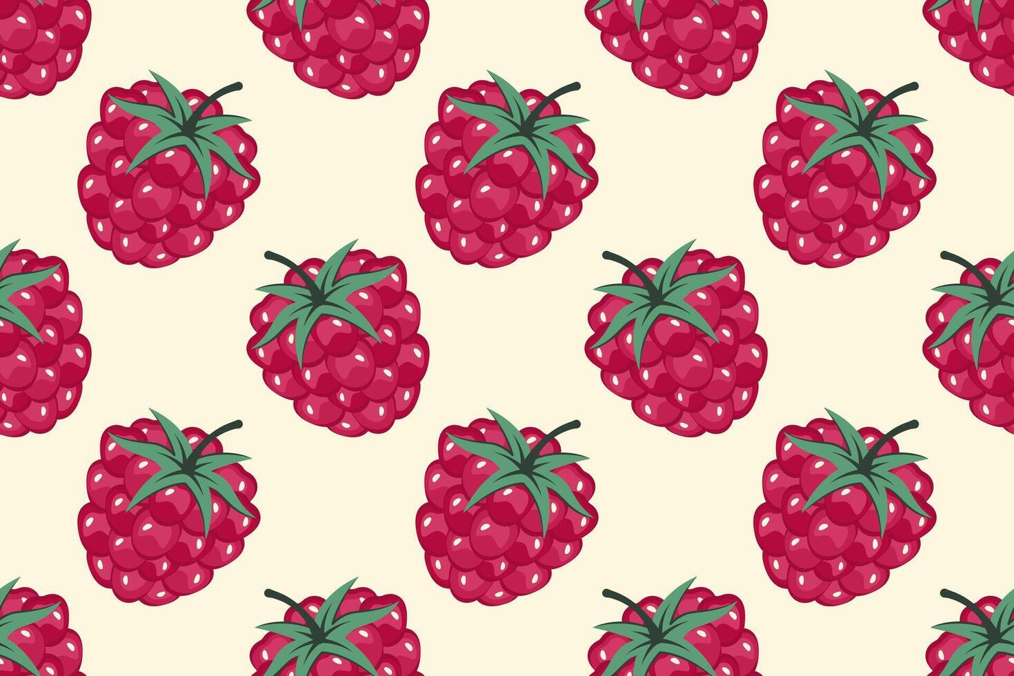 Raspberry Seamless pattern. Berries background. Fruit pattern. Whole Ripe red raspberry with green leaf. Repeatable texture with fresh juicy vitamin. illustration for wallpaper, textile, print vector