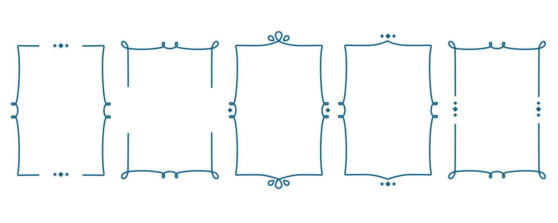Set of vertical vintage frames isolated. Doodle Hand drawn line art border for text. Blue classic simple frame template. illustration for menu, stamp, wedding invitation, birthday card vector