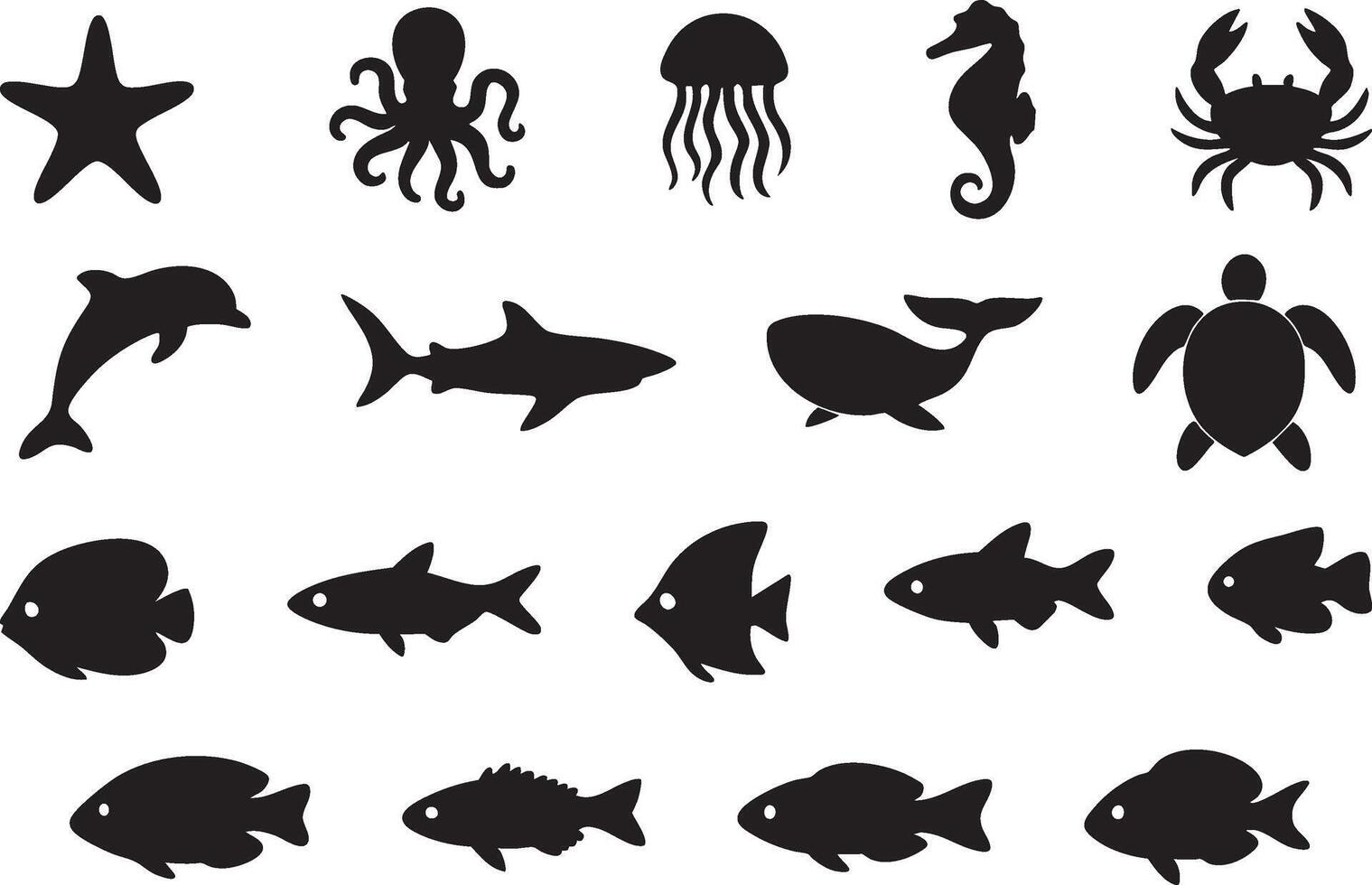 Ocean Creatures Silhouette Set vector