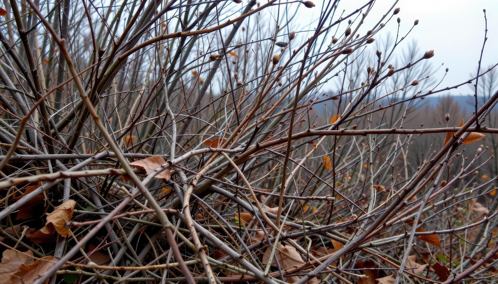 wild bushes tangled with branches and dry leaves photo