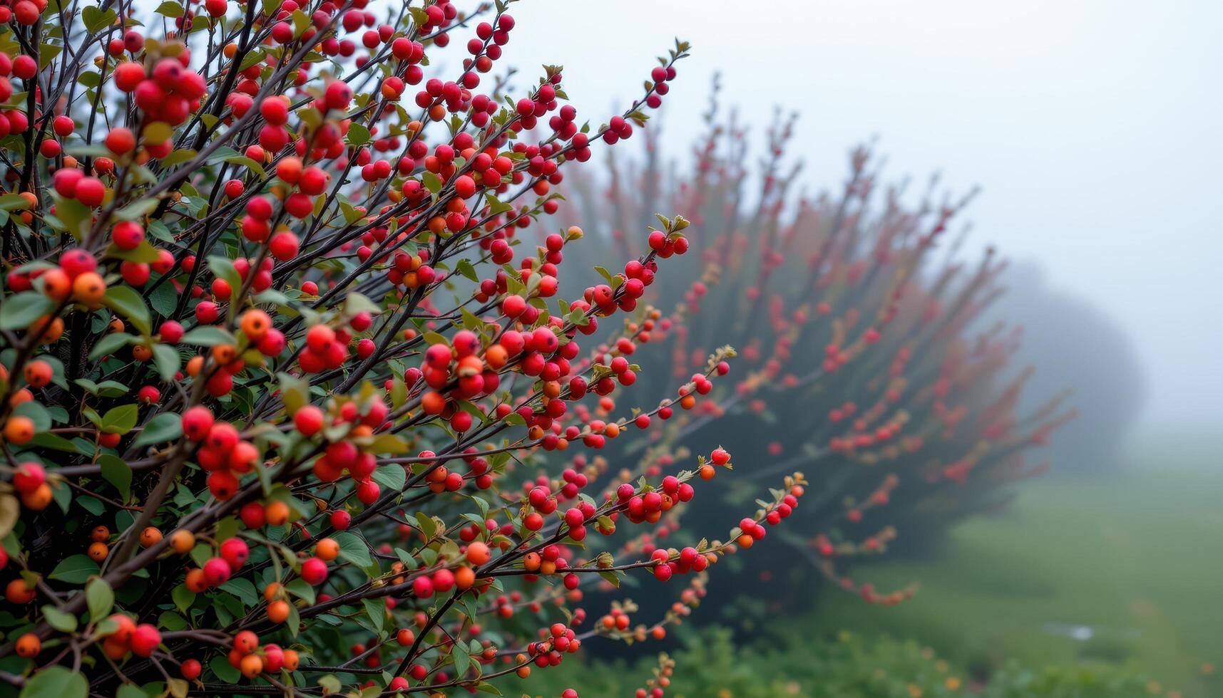 bushes with bright red berries on a foggy morning photo
