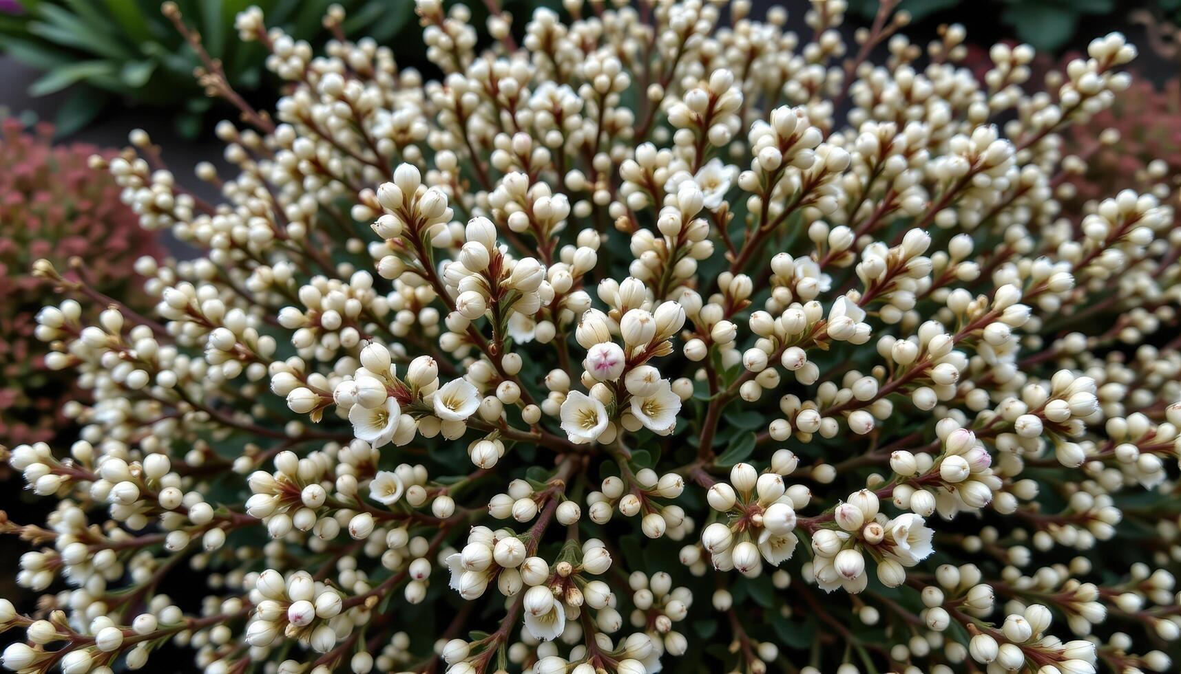 dense shrubs covered in tiny white buds photo