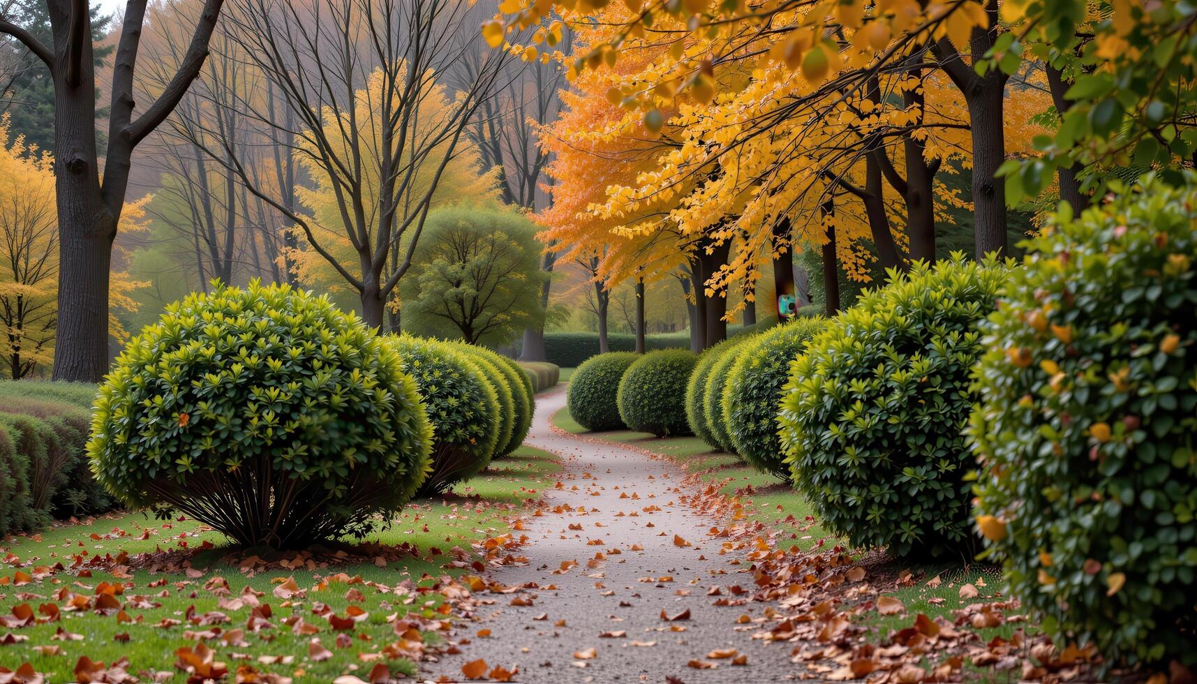 bushes lining a quiet forest path in autumn photo