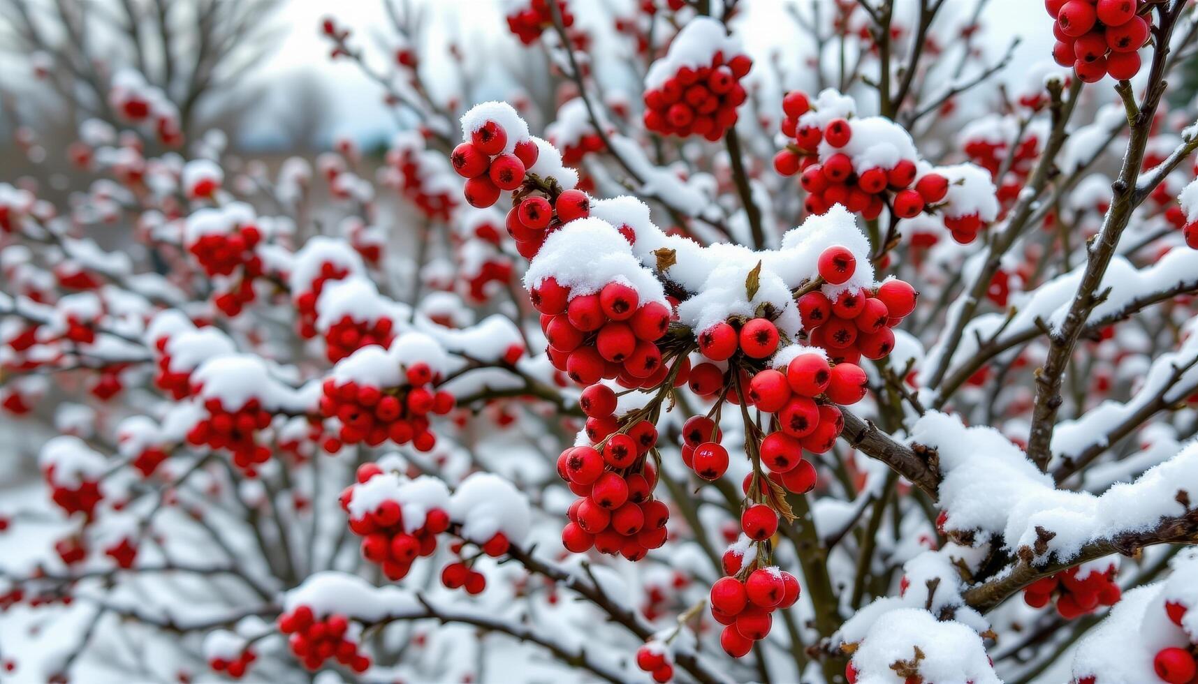 bushes with clusters of bright red berries in winter photo