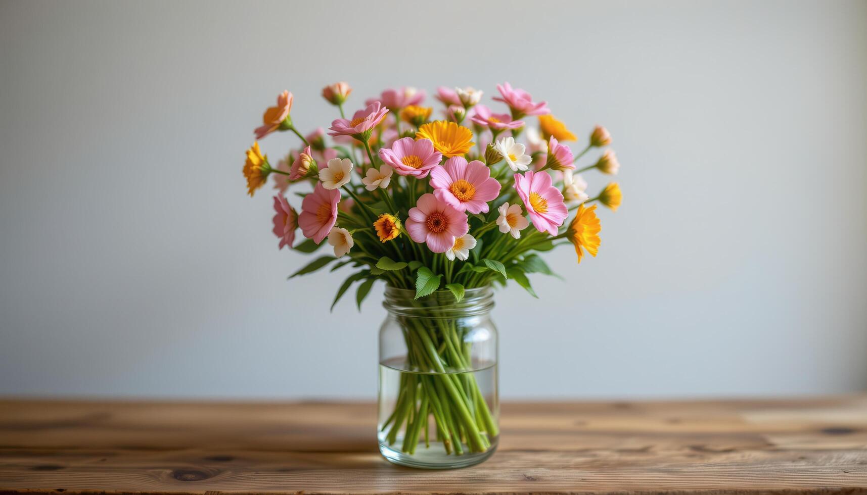 a bouquet of small blossomss in a short glass photo