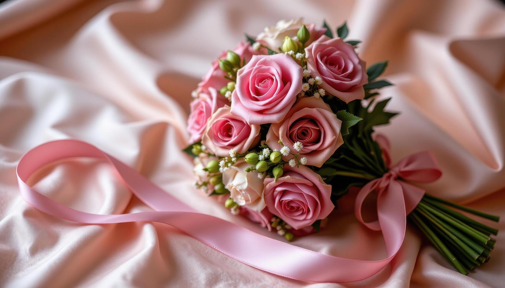 a bouquet with a satin ribbon lying on silks photo