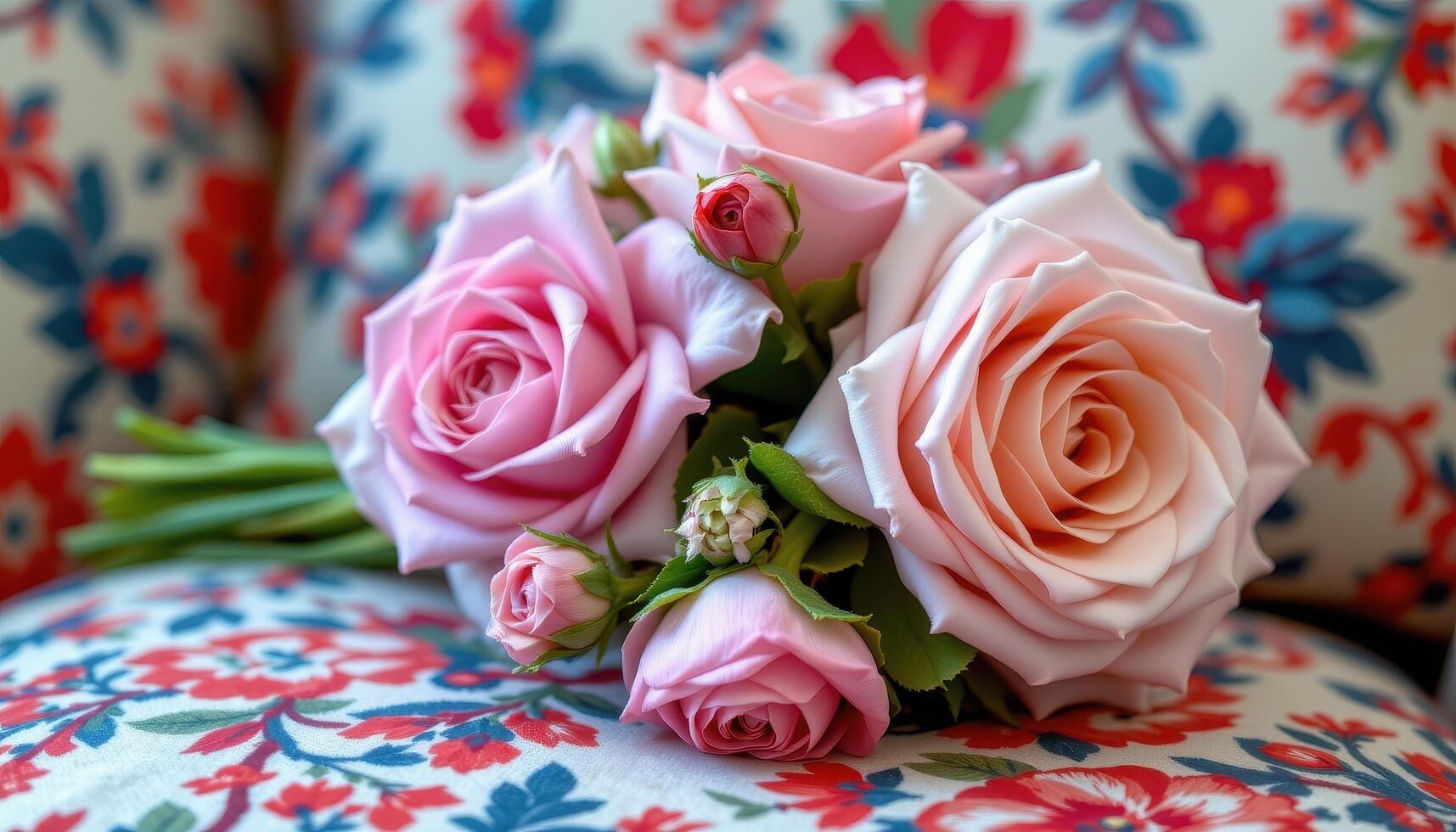 a bouquet resting on a patterned cushions photo