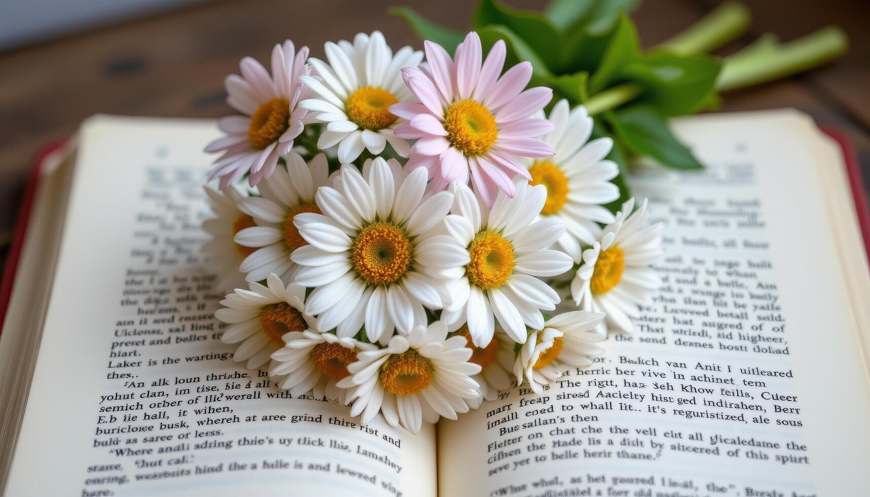 a bouquet of daisies resting on an open books photo