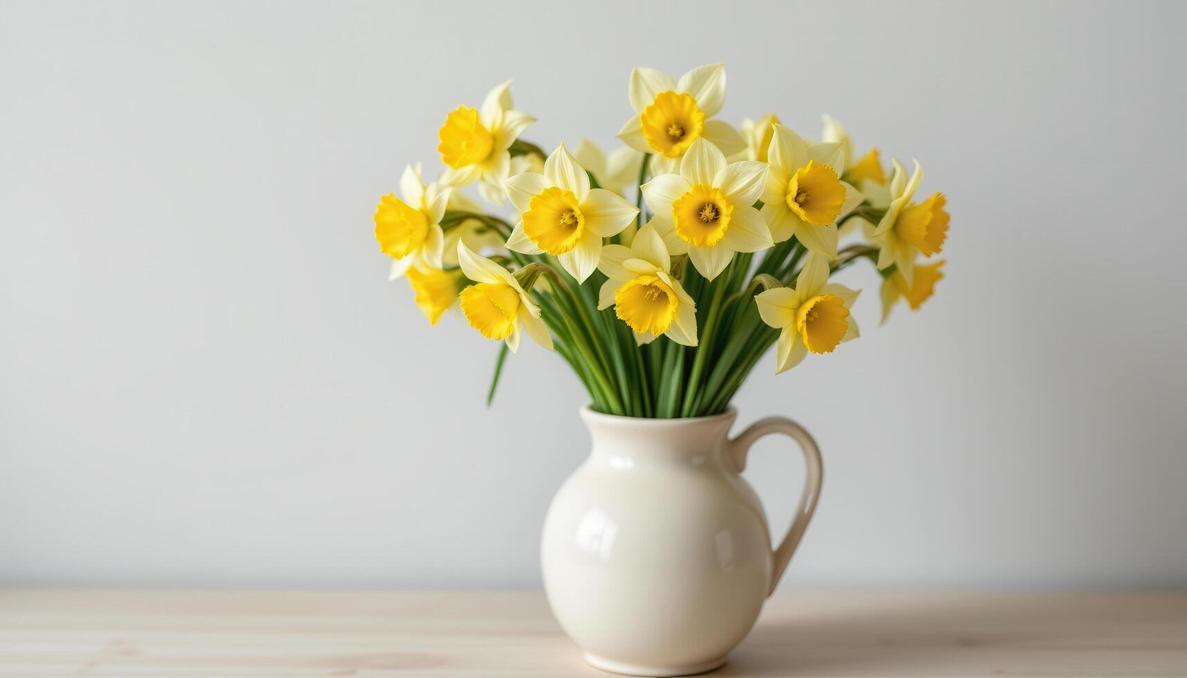 a bouquet of daffodils in a pale ceramic vases photo