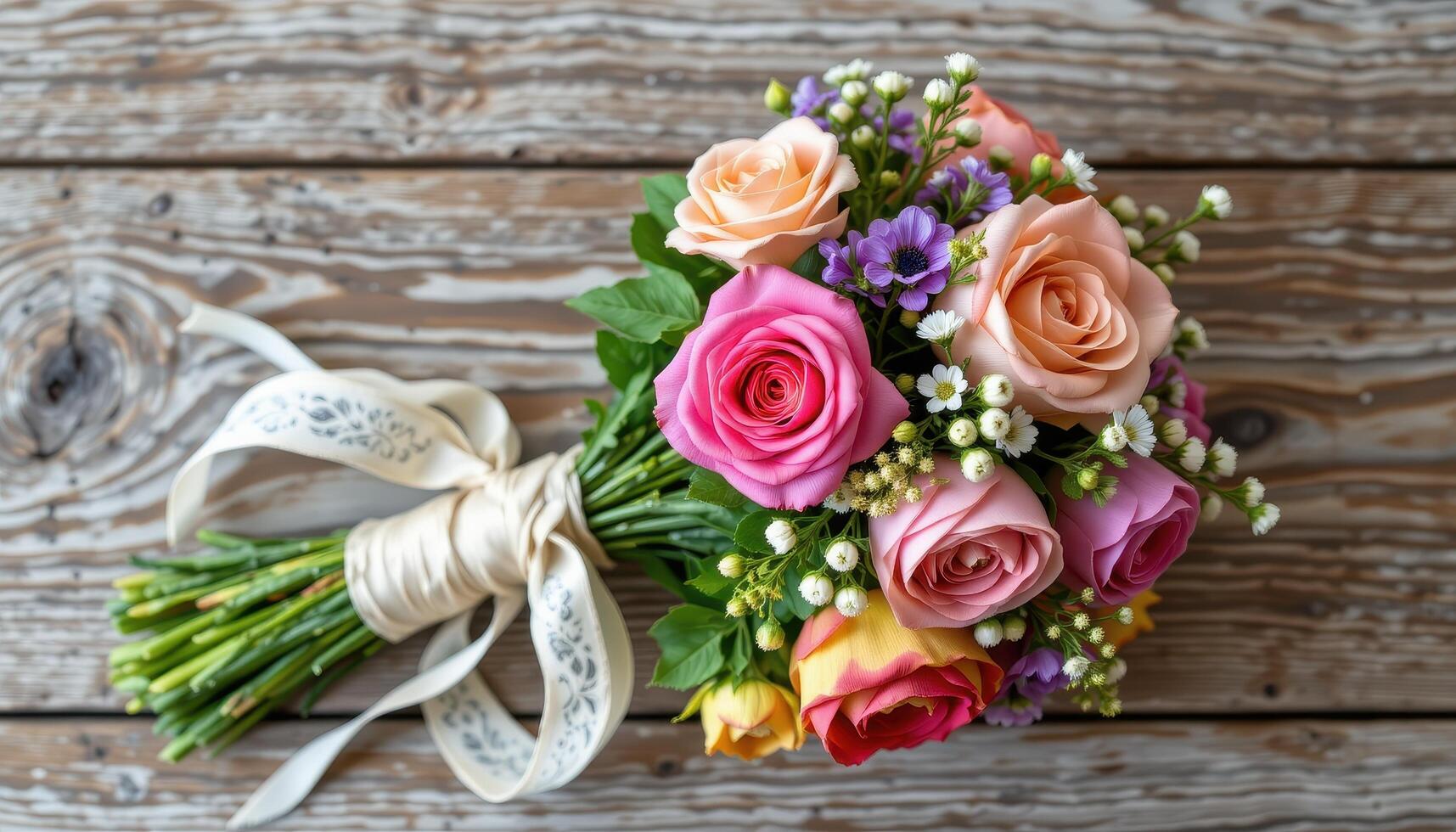 a bouquet tied with lace ribbon on woods photo