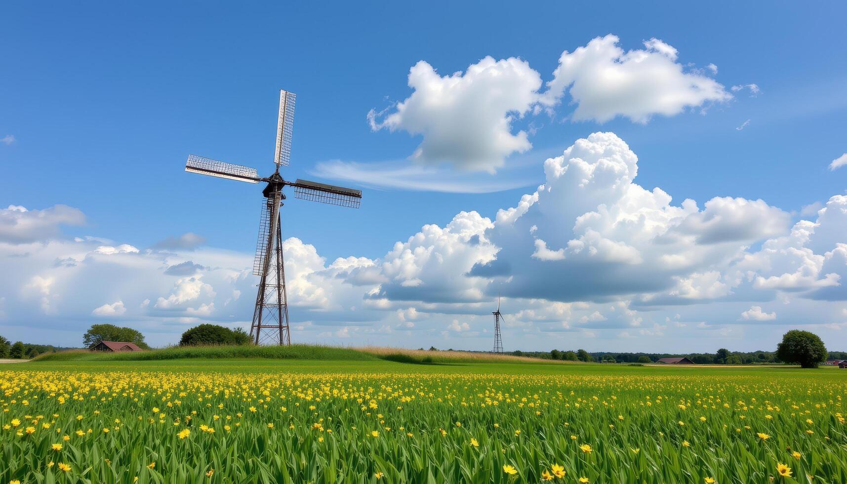 a lone windmill in an open green fields photo
