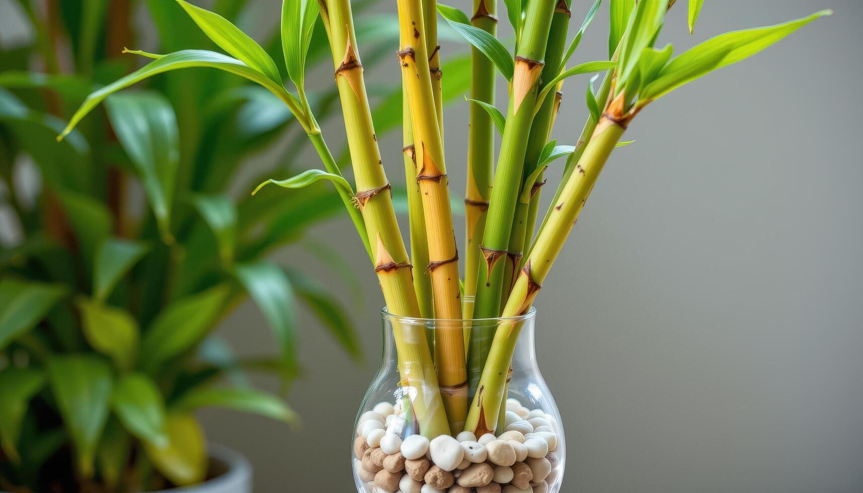 bamboo stalks in a clear vase filled with pebbless photo