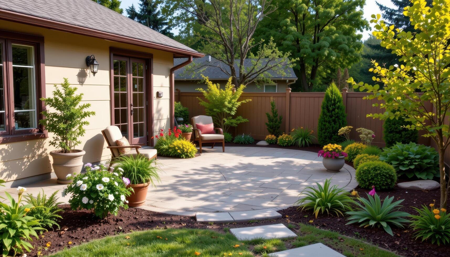 a pebble lined patio with potted shrubss photo