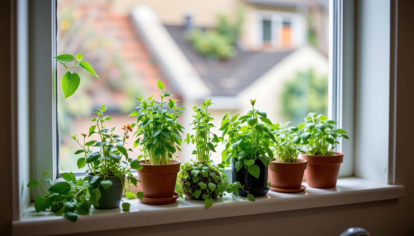 a collection of herbs on a kitchen window ledges photo