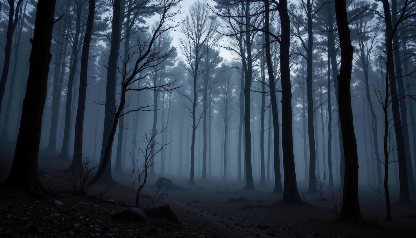 mysterious forest at twilight with fogs photo