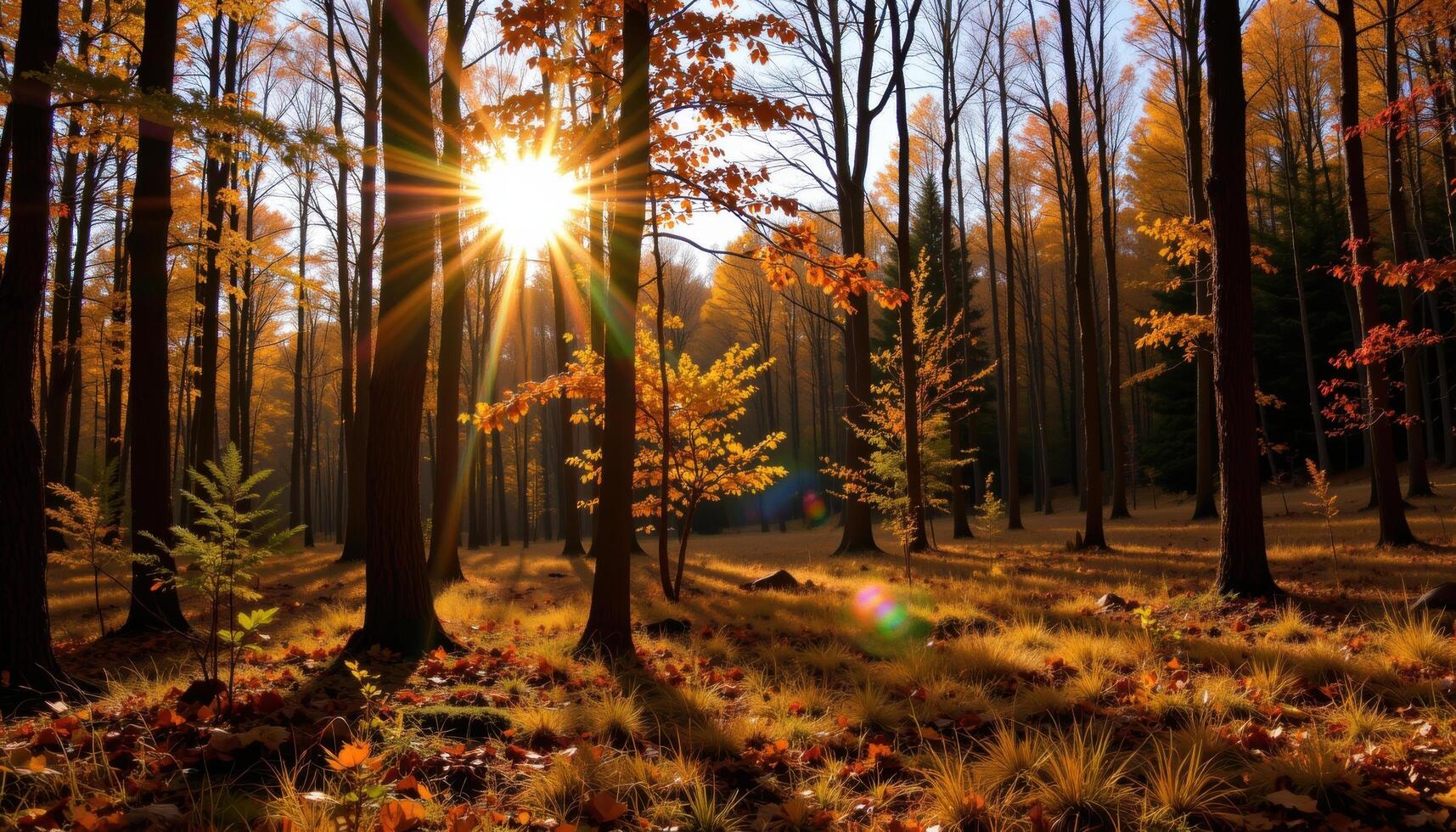 golden sunlight illuminating autumn forests photo