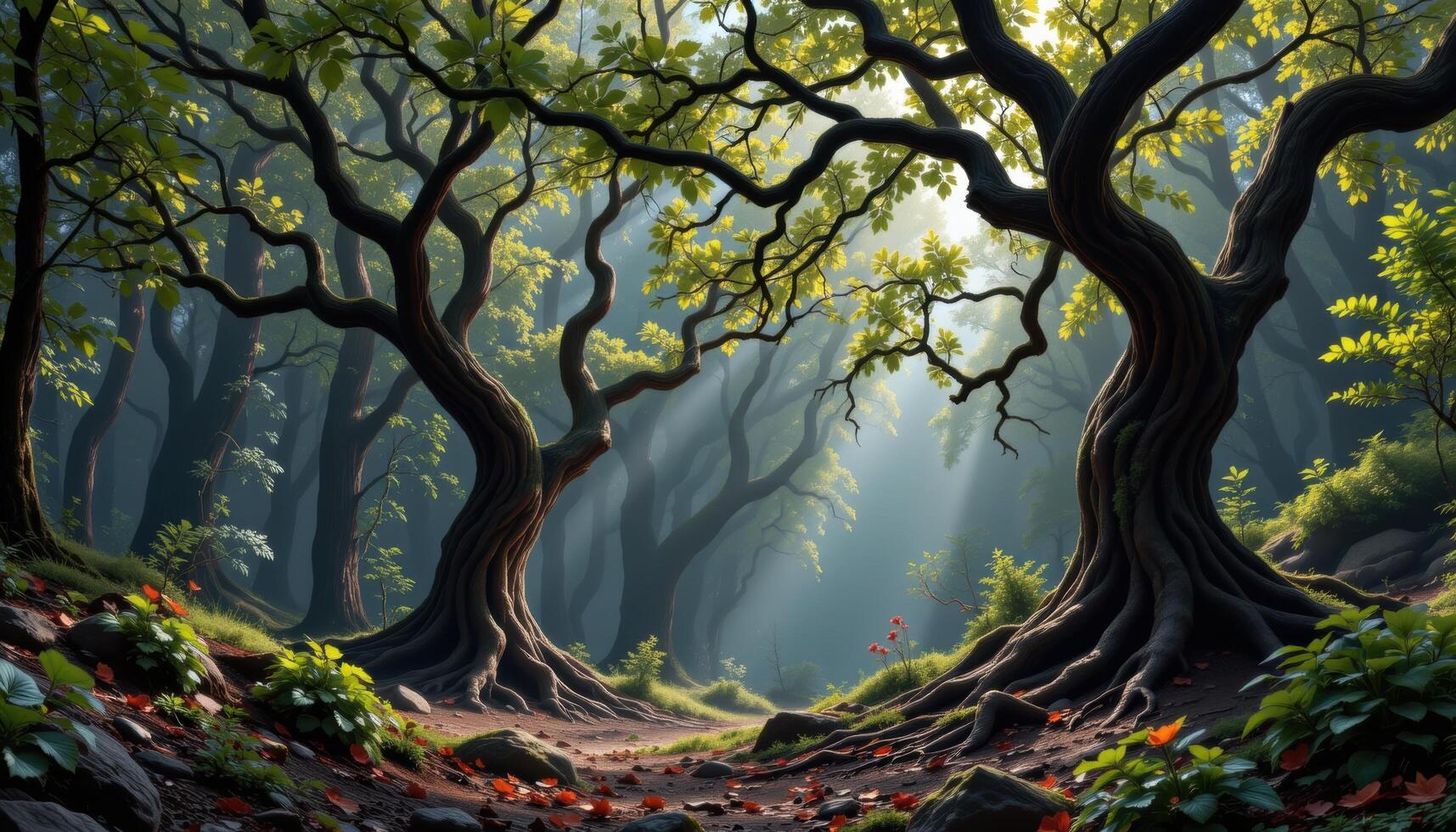 a deep forest with ancient twisted treess photo