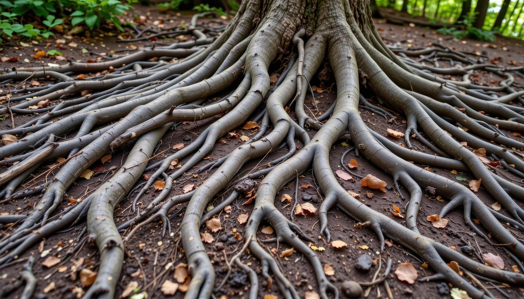 a tangle of roots across the forest floors photo